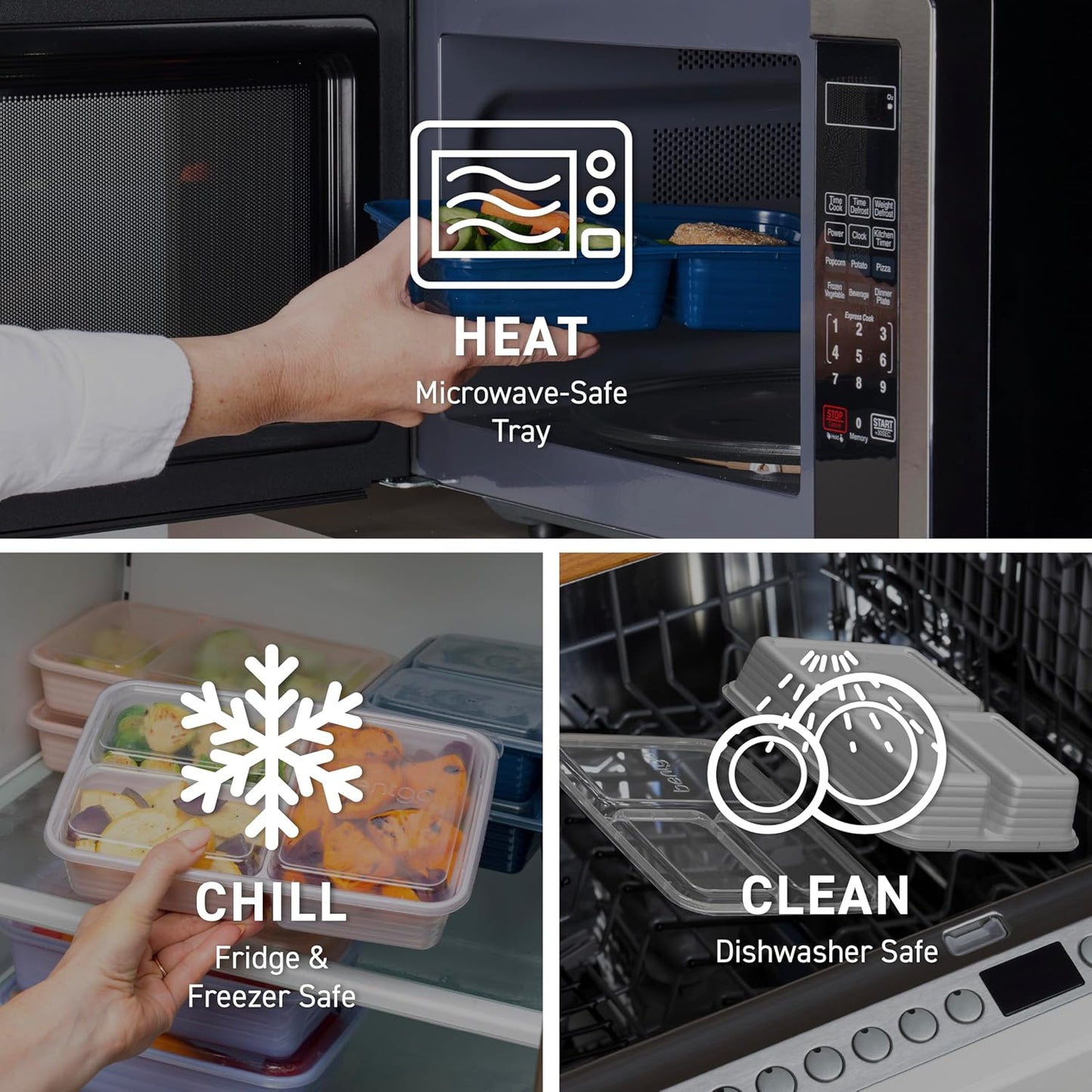 Bentgo Prep - 20-Piece 3-Compartment Reusable Meal Prep Containers with Lids, PFAS & BPA Free Materials, Durable, Microwave, Freezer, & Dishwasher Safe To Go Food Storage (Navy Blue)