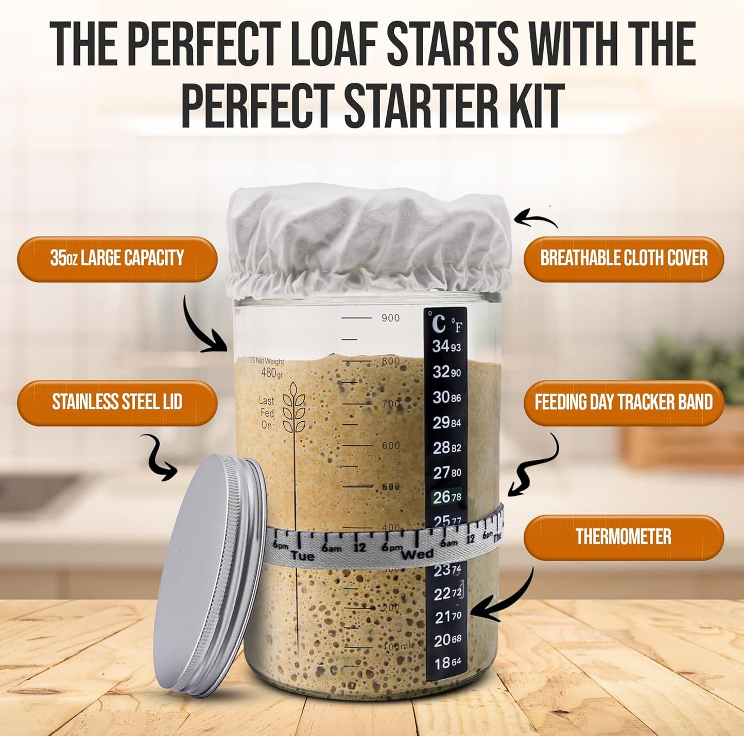 Complete Sourdough Starter Kit and Sourdough Bread Baking Supplies - Includes 9" Banneton Proofing Basket, 34oz Sourdough Starter Jar, Silicone Bread Sling, Scrapers, Bread Lame and Measuring Spoons