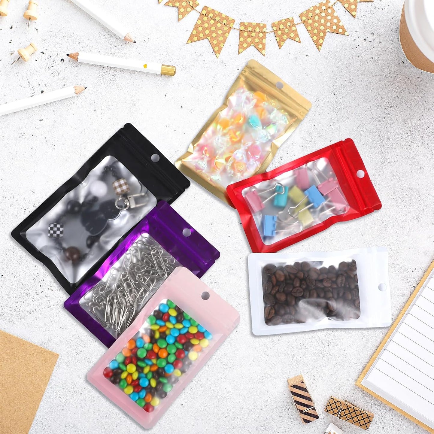 200 Pack Resealable Mylar Holographic Bags Food Storage Smell Proof Bags with Front Window Foil Packaging Pouch for Candy Sample Jewelry Small Business 2.95×4.72 Inch, Purple