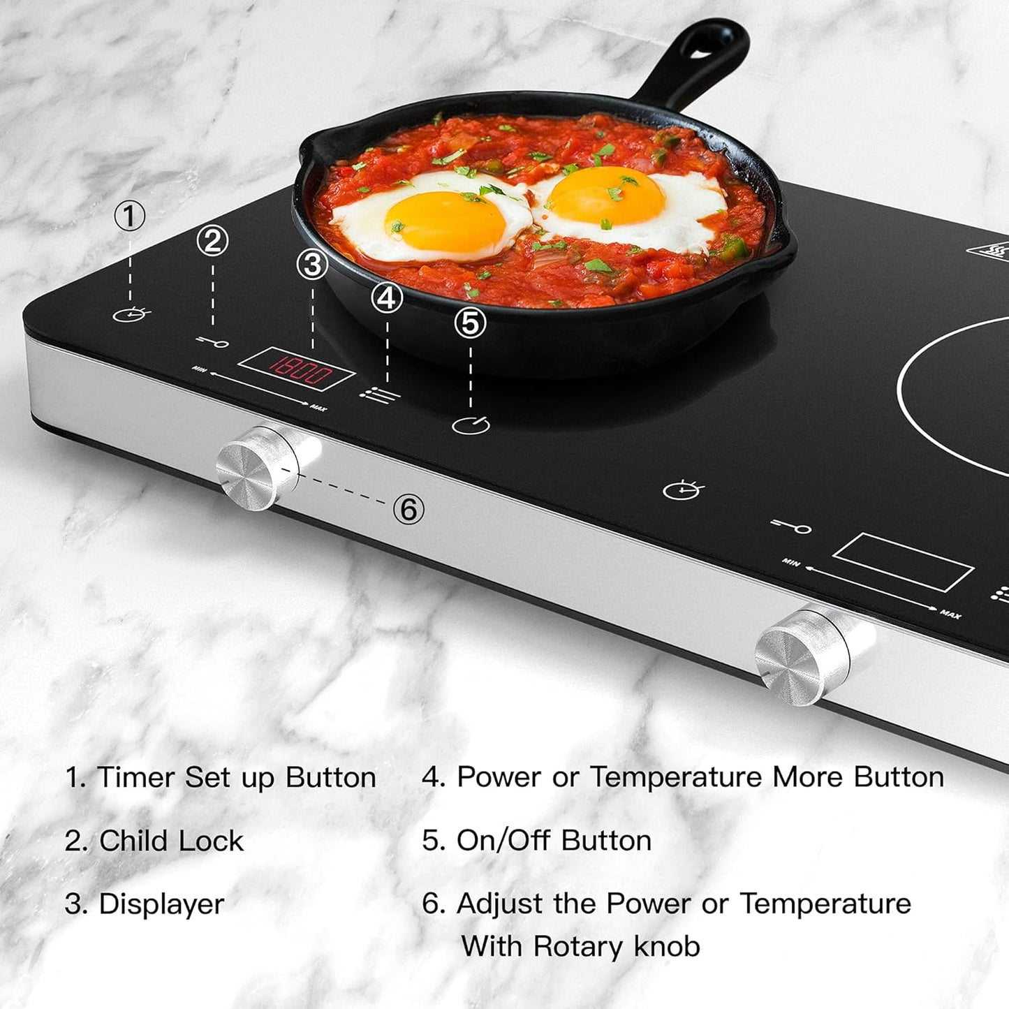 Double Induction Cooktop Burner, 1800w 2 burner Induction Cooker Cooktop, 10 Temperature 9 Power Settings Portable Electric Countertop Burner Touch Stove with Child Safety Lock & Timer