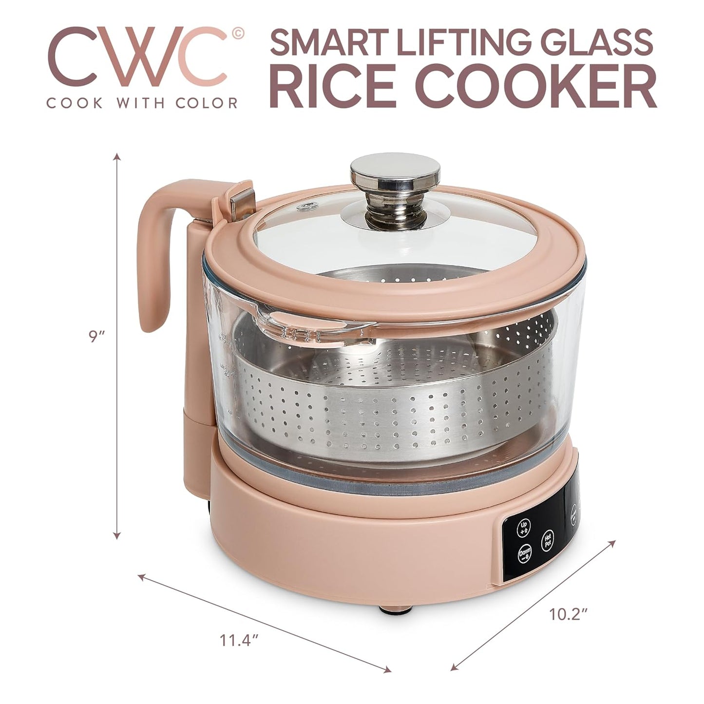 COOK WITH COLOR 3L Glass Low Carb Rice Cooker - Makes 6 Cups Cooked Low Sugar Rice with Auto Lift Filter Basket, Hotpot & Steamer for Rice, Grains and Oats, Digital Panel with Keep Warm, Blush