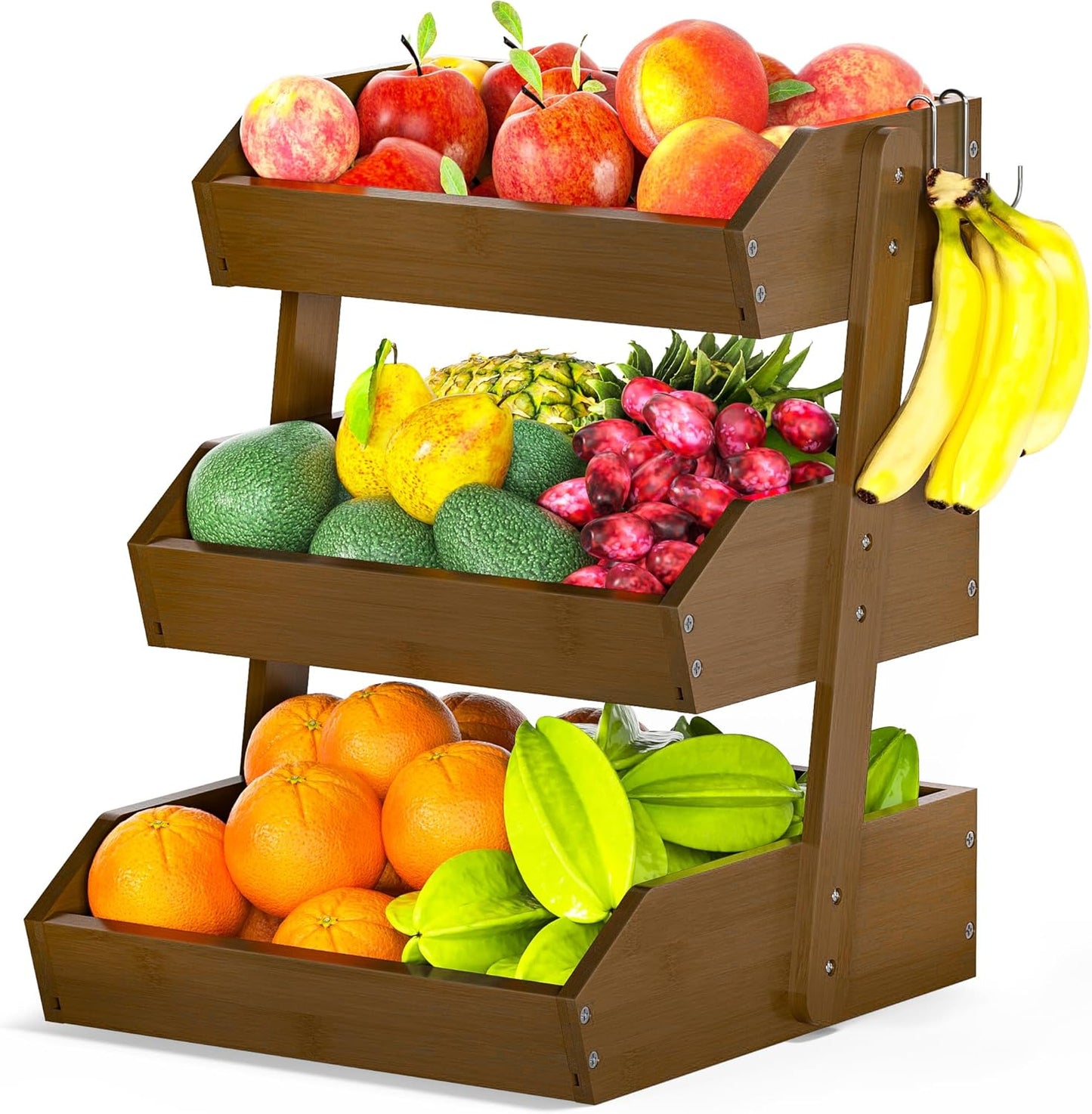 Bamboo Fruit Basket for Kitchen–3 Tier Fruit Bowl For Kitchen Counter, Large Fruit Holder With 2 Banana Hangers, Idea For Fruit and Vegetable Storage, Bread Basket, Snack Organizer(WALNUT)