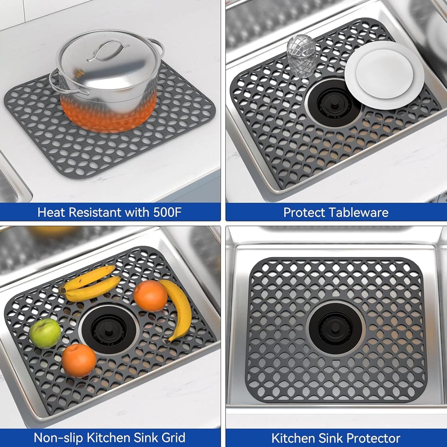 TOOVEM Sink Protectors for Kitchen Sink, Folding Non-slip Kitchen Mat, Heat Resistant Silicone Mat 1 Pcs, Grey, 13.58 ''x 11.6 ''