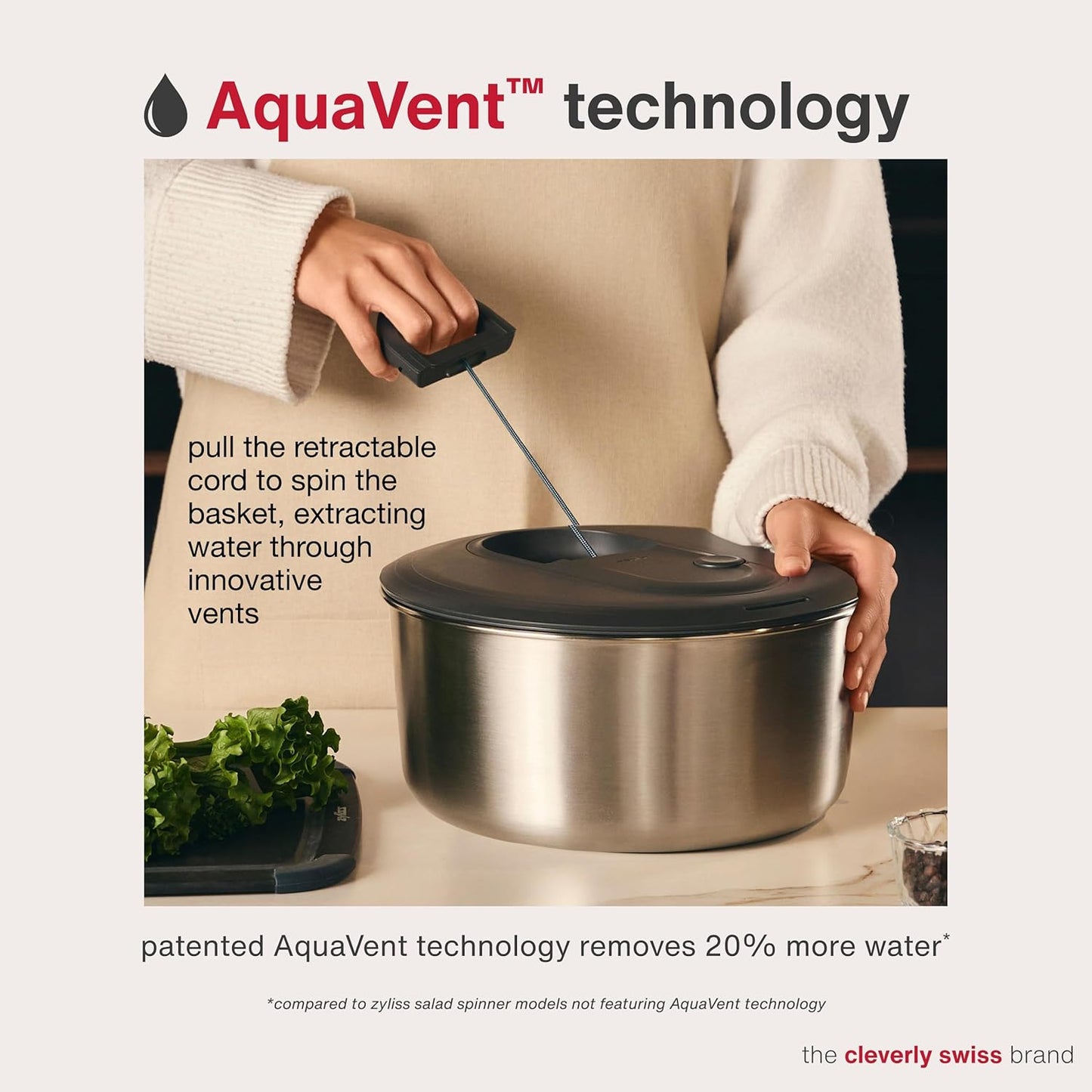 Zyliss Easy Spin Salad Spinner - Fruit & Veggie Dryer - Produce Spinner & Cleaner for Salad Prep - Dishwasher-Safe Kitchen Essential - Non-Slip Bowl with Pull Handle - New Stainless Easy Spin Large