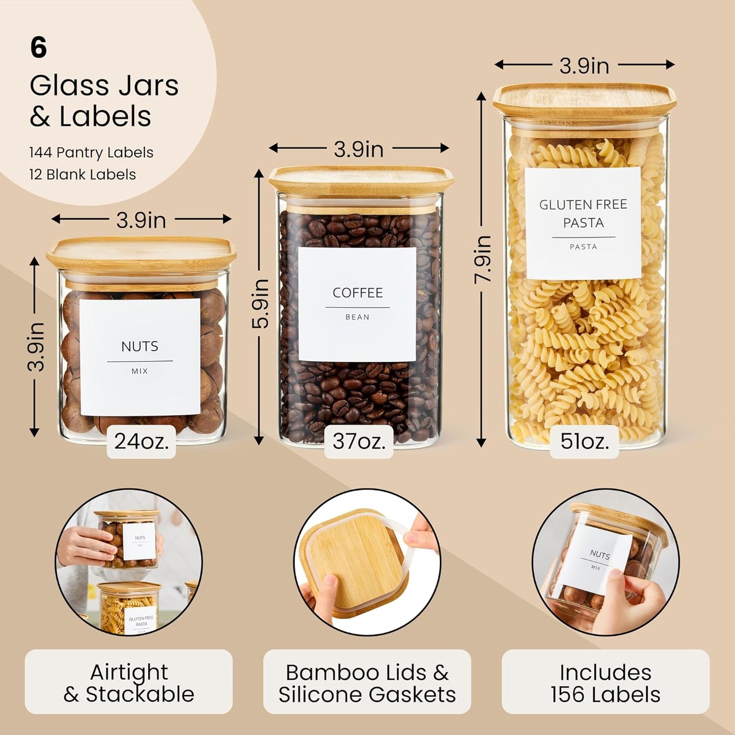 Talented Kitchen Square Glass Food Storage Containers - Airtight & Labeled Glass Kitchen Storage Containers - Space-Saving Stackable Square Pantry Jars - Pack of 6, 24/37/51 fl oz