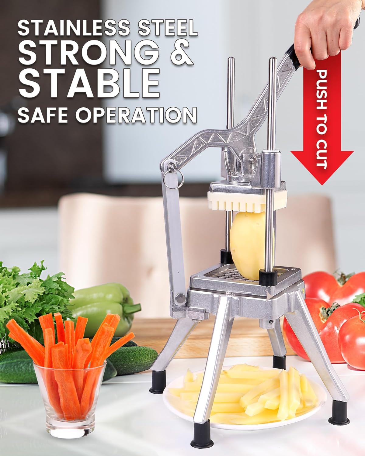 French Fry Cutter Commercial Potato Chopper Stainless Steel Vegetable Dicer Fruit Slicer for Onion,Cabbage,Carrots,Potato,Mushroom,with 4 Blades(1/4",3/8",1/2",8 wedge slice)