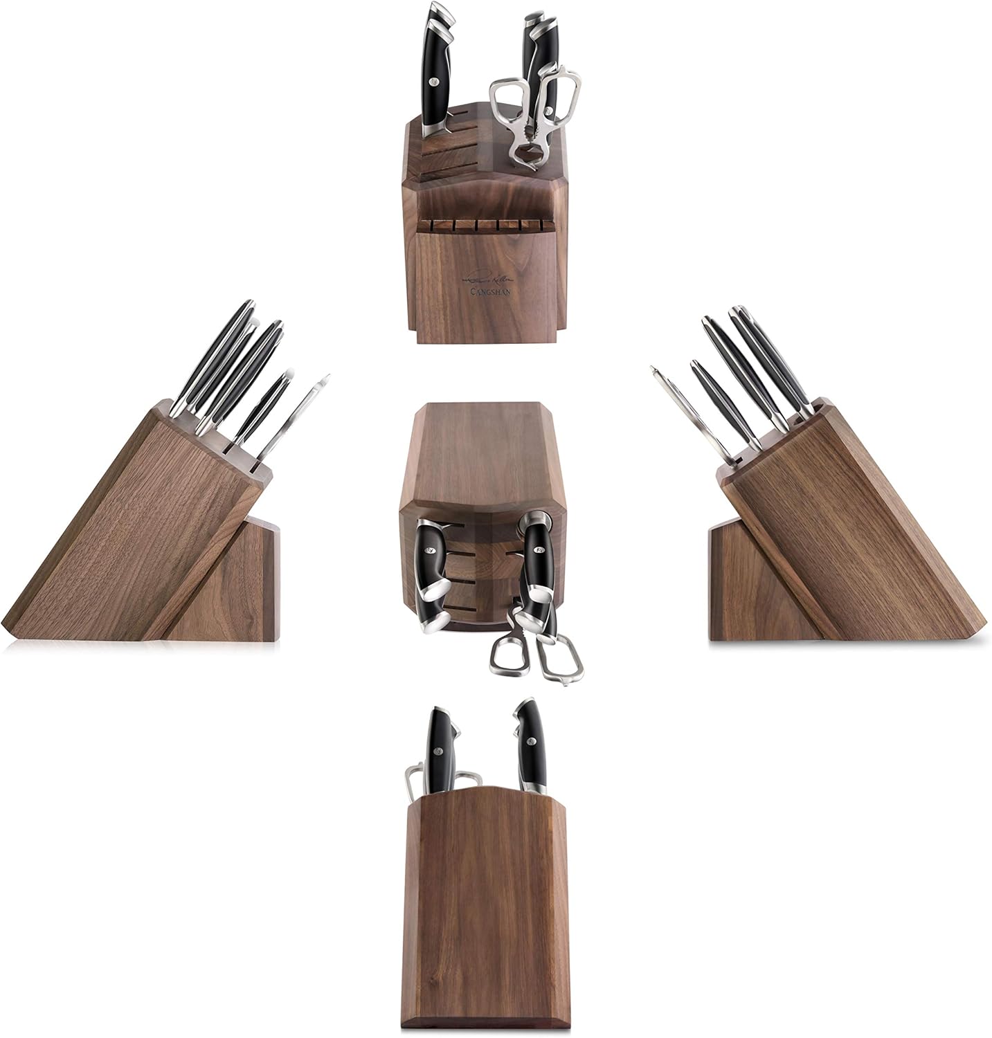Cangshan Thomas Keller Signature Collection Swedish Powder Steel Forged, 7-Piece Knife Block Set, Walnut Block with 8 Spare Slots, Black