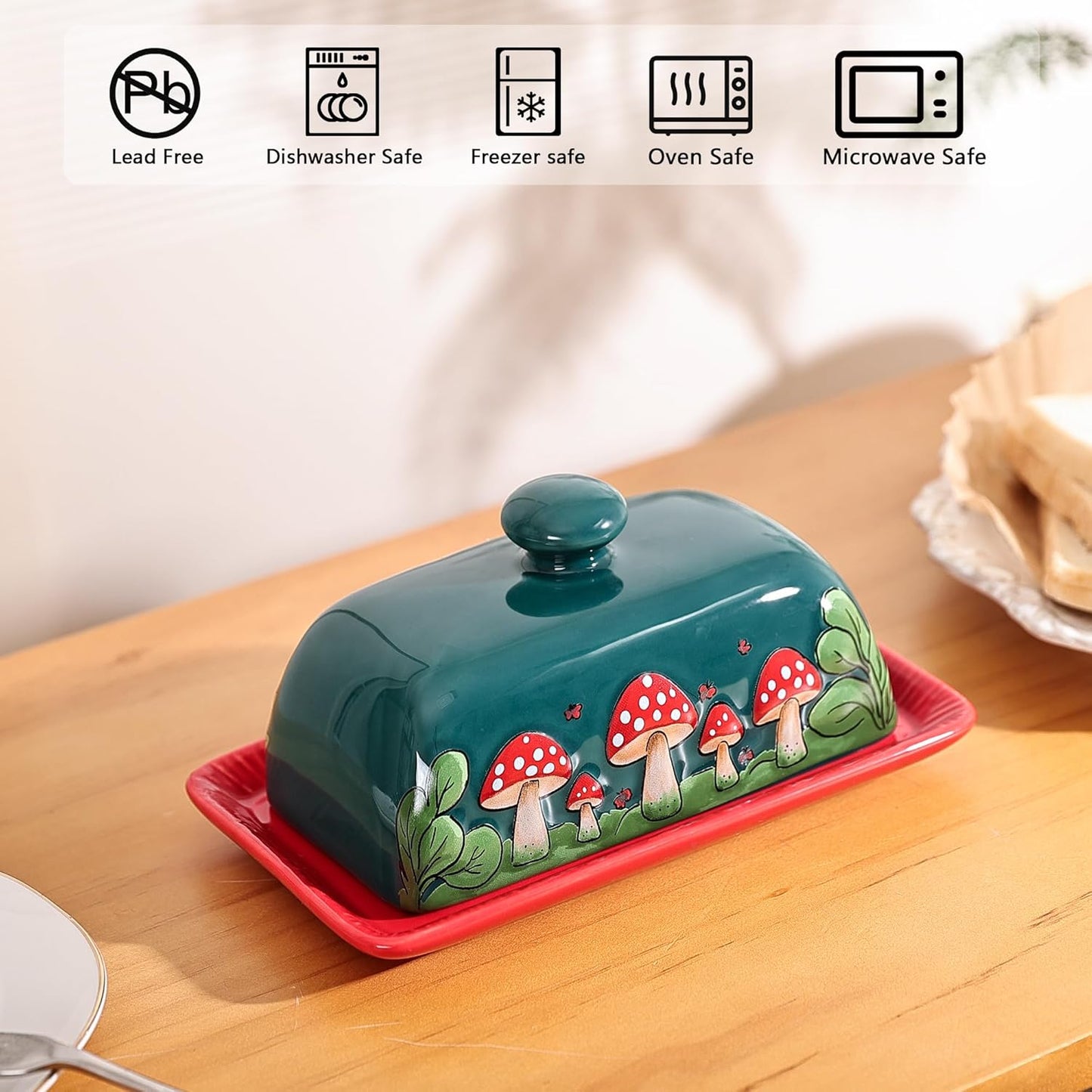 Fungi Fun Mushroom Butter Dish With Lid – Cute Cottagecore Ceramic Storage Container, Vintage French Covered Tray, Boho Farmhouse Kitchen Decor Gift, Unique Countertop Holder (Dark Green, Standard)