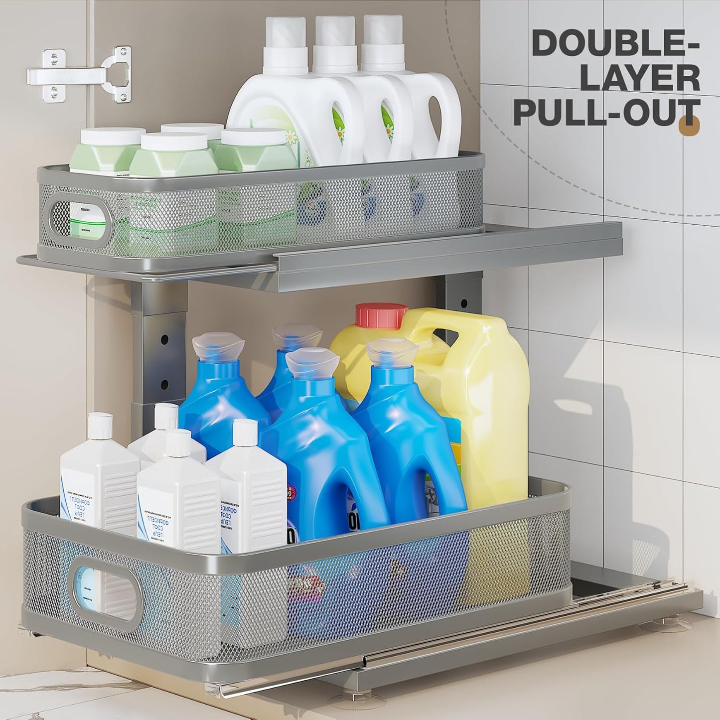 1 Pack 15.5IN-Depth Under Sink Organizer With Next-Gen Ball-Bearing Slides,2-Tier Precision Mesh Pull Out Cabinet Storage for Bathroom&Kitchen,Height Adjustable Drawers Shelf,Anti-rust-Grey