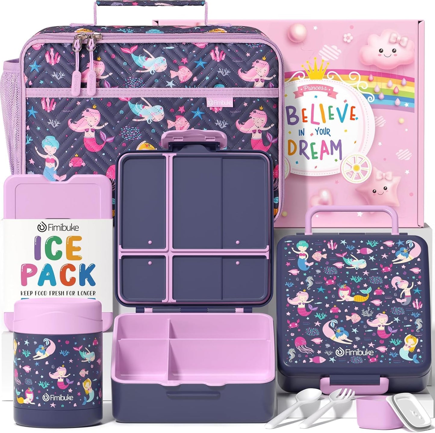 Fimibuke Kids Bento Snack Lunch Box with 4 Compartment, Insulated lunch Bag, Stainless Steel Vacuum Thermos Food Jar, Ice Pack, Utensils Set, Birthday Gift for Age 3-12 Back to School Toddler Girl Boy