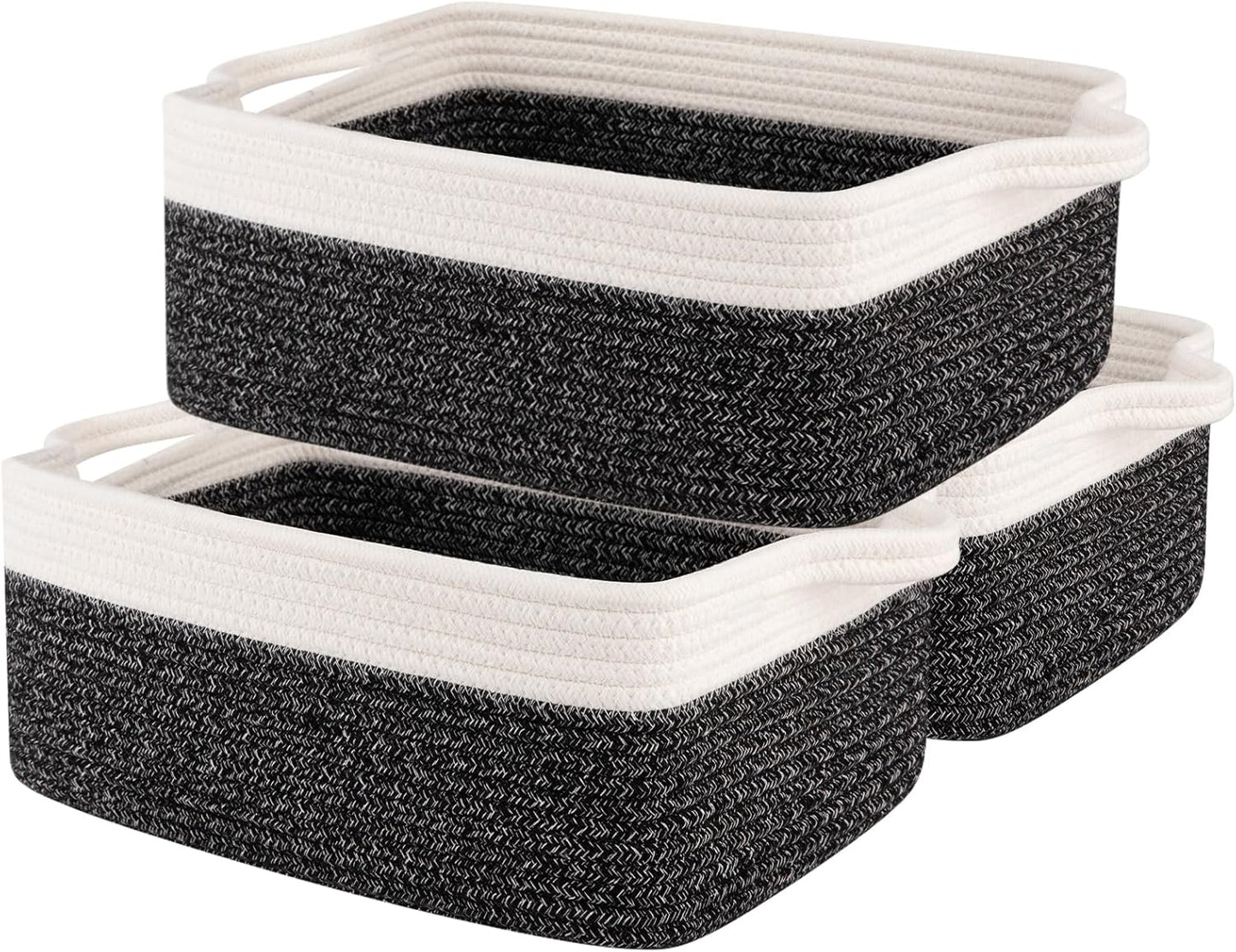 OIAHOMY 3 Pack Storage Baskets for Organizing, Woven Cotton Rope Basket for Shelves, Closet Organizer Bins with Handles, Rectangle Toy Organization, 13.78''×9.84''×5.5'', Black & White