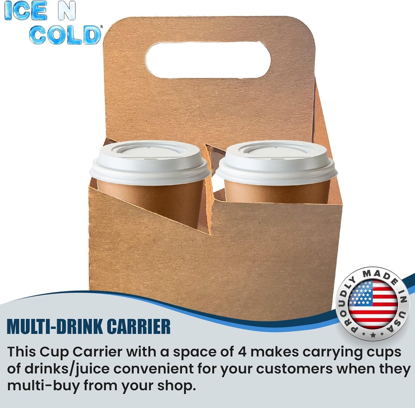 4 Cup Drink Carrier with Handle | Kraft Paperboard Holder Disposable for Hot or Cold Drinks Food Delivery Services, Uber Eats, Door Dash (225)