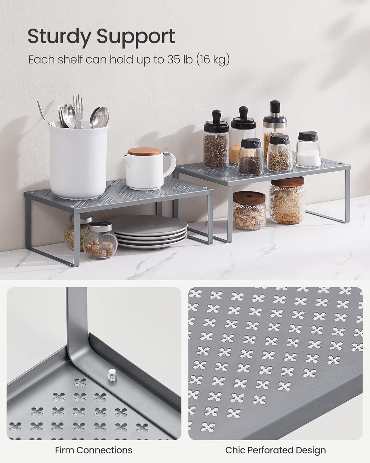 SONGMICS Spice Racks, Set of 2 Metal Cabinet Shelf Organizers, Countertop Organizers, Shelf Risers, Stackable, Expandable, Silver UKCS401G01