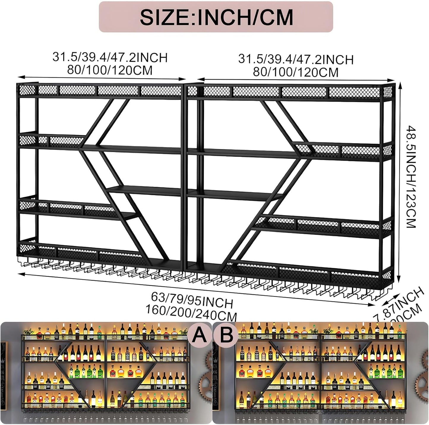 94.48in Metal Wine Rack Wall Mounted, Modern Wine Storage Rack Wall Mounted with Wine Glass Holder, Liquor Shelf, Bar Shelves for Liquor Bottles (4 Tiers Black, 94.48 * 7.87 * 33.85INCH)