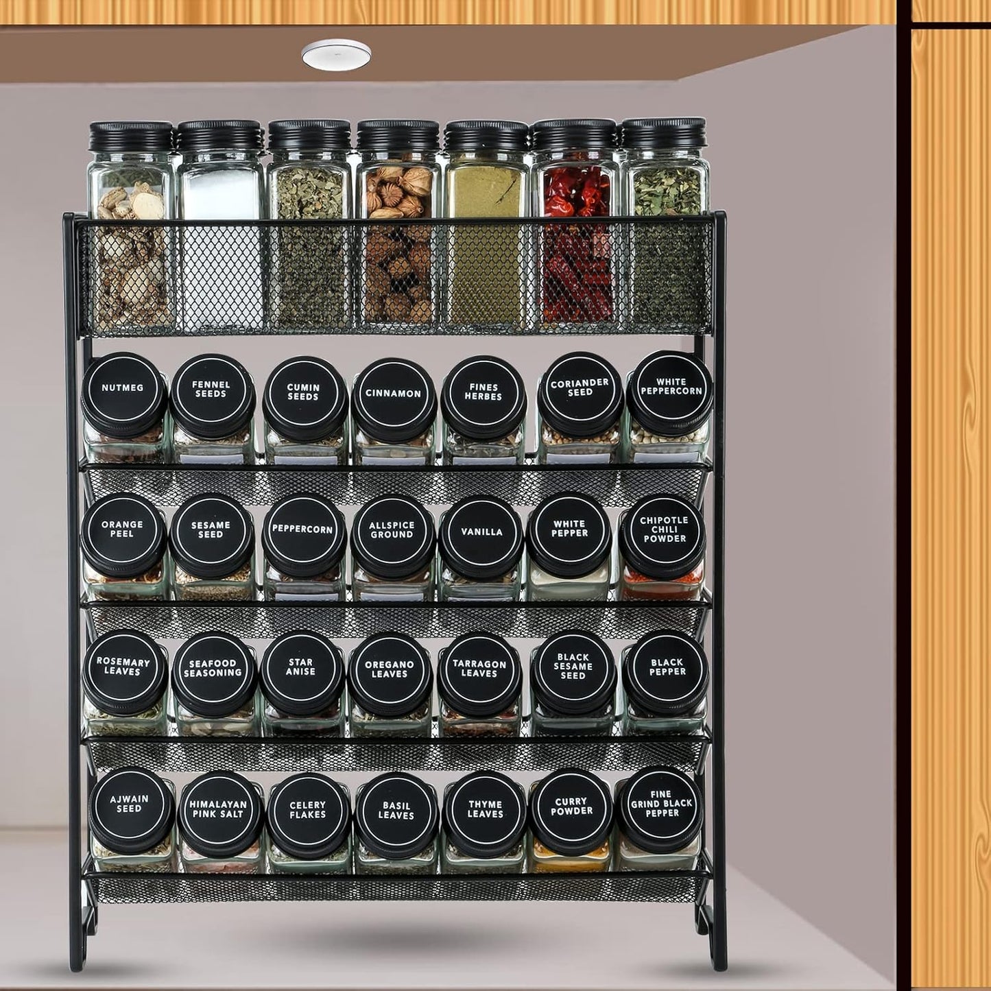 Spice Rack Organizer with 28 Spice Jars, Black Lids，Spice Labels, Chalk pen and Funnel Set for Cabinet, Countertop, Pantry, Cupboard or Wall Mount
