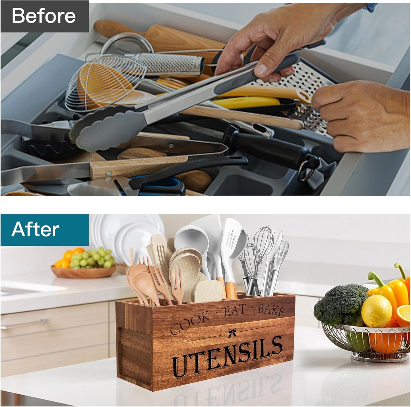 Suli Acacia Wood Utensil Holder for Kitchen Counter,Extra Large Utensils Holder with 4 Compartments,Caddy Organizer for Countertop, Farmhouse Kitchen Decor, Rustic Cooking Utensil