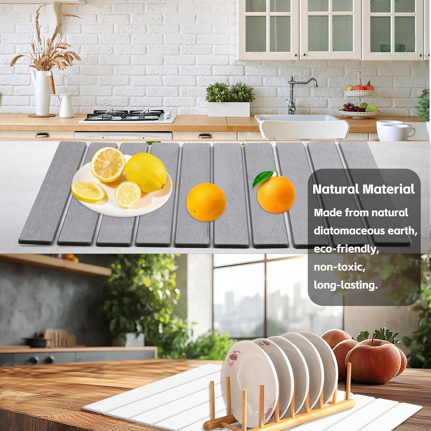 Quick Dry Collapsible Dish Drying Mat, Eco-Friendly Absorbent Diatomaceous Earth Mats for Dishes Bottles Cups 24"×16"Large Stone Dish Drying Mats for Kitchen Counter (Gray, 24"（L）×16"（W）)