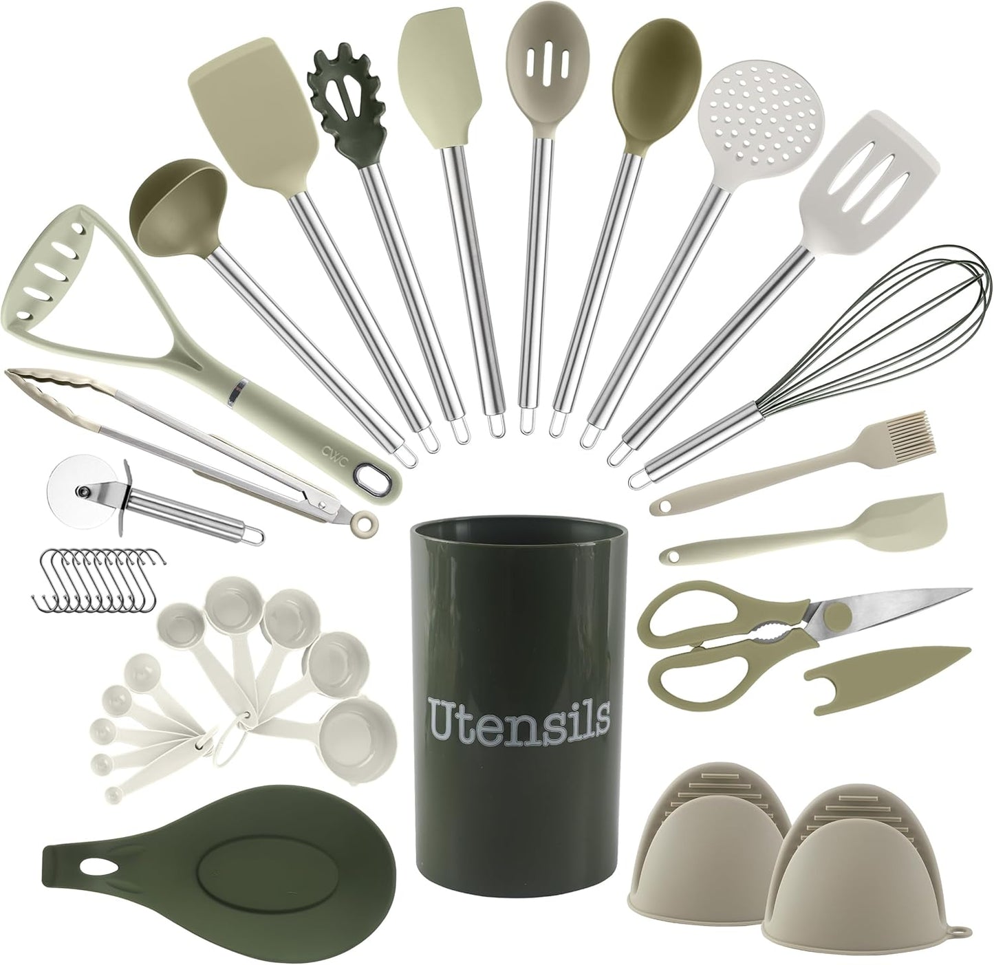 COOK WITH COLOR Silicone Cooking Utensils, Kitchen Utensil Set, Easy to Clean Silicone Kitchen Utensils, Cooking Utensils for Nonstick Cookware, Kitchen Gadgets Set, 38 Piece, Green