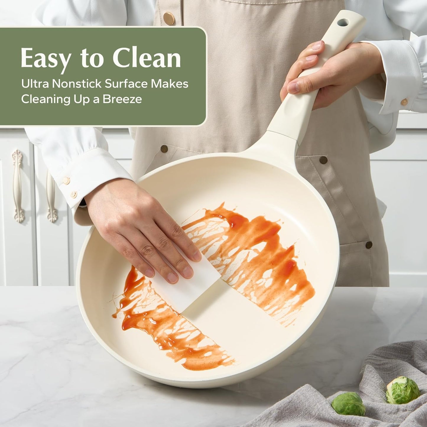 Redchef Ceramic Pan Nonstick, Nonstick Frying Pan, Large Fry Pans, PFAS & PFOA-Free, Non-Toxic, Induction Compatible Pans, Ergonomic Handles, Suitable for All Stove, Beige White, 11"