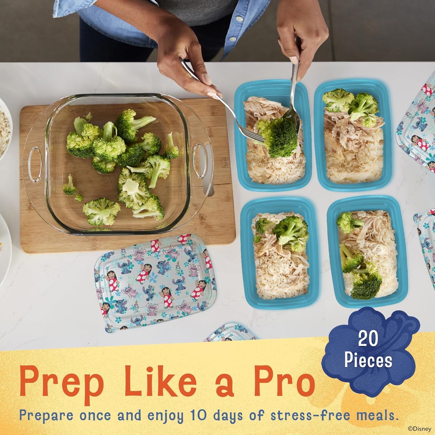 Disney Meal Prep Containers - 20-Piece Reusable Food Containers with Lids - Freezer, Microwave & Dishwasher Safe - Featuring Mickey & Minnie, Lilo & Stitch