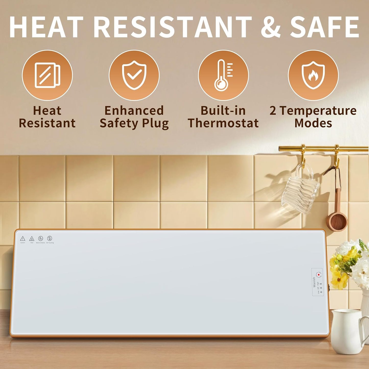 Electric Warming Tray (Extra Long 40"x12")，Food Warmers for Parties Buffet with Thermostat & Full Surface Heating, Tempered Glass Warming Mat for Food, Temperature Adjustable Food Warming Mat, White