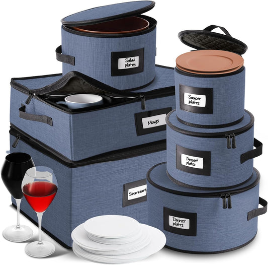 Hearth & Harbor Fine China Storage Containers, 6 Piece Dish Storage Containers, Stackable Plate Storage, Coffee Mug Storage and Wine Glass Storage Box with Dividers, Quilted Dish Organizers, Blue