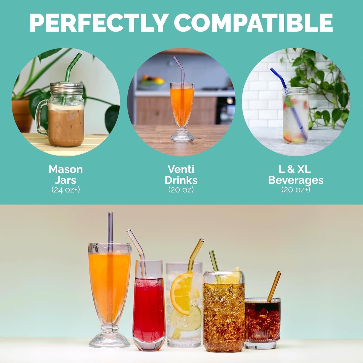 Simply Straws 10 Inch Glass Straws Bent (6-Pack) – Reusable Glass Straws for 24 Oz Mason Jars & Tumblers, with Cleaning Brush – Durable, Dishwasher Safe, Hot & Cold Use, BPA-Free (Cote d'Azur)