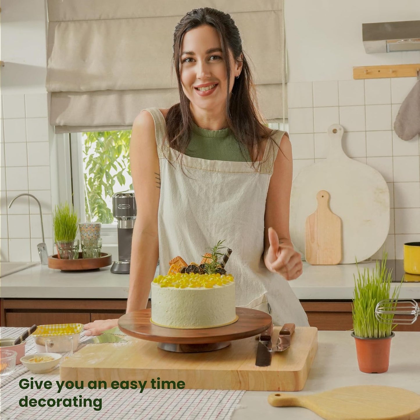 13" Acacia Cake Stand Rotating – Rustic Wood Turntable Pedestal Stands – Wooden Spinning Tables for Food Serving - Round Cake Decorating for Cupcake Dessert Display in Party, Wedding, Birthday