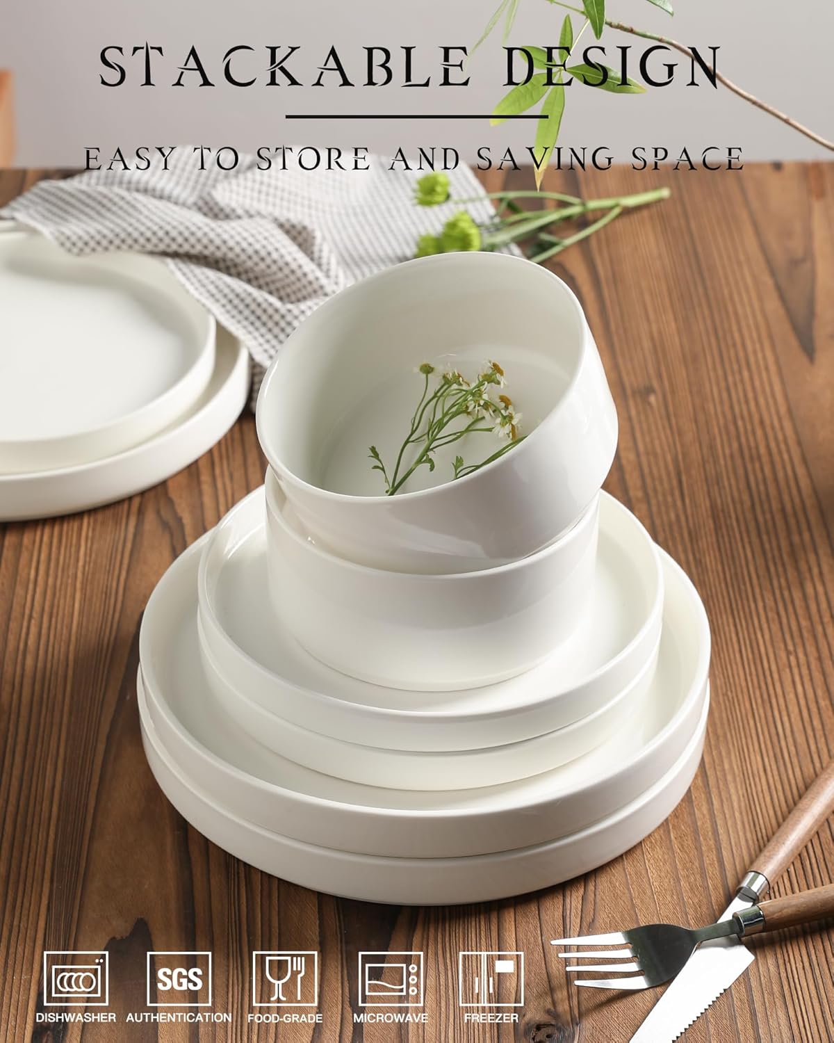 Sweejar Porcelain Dinnerware Sets for 4, 16 Pieces Ceramic Plates and Bowls Set, Classic Modern Simple Kitchen Dinner Dining Ware Set, Dishwasher and Microwave Safe Dishes Sets with Cups(Pure White)