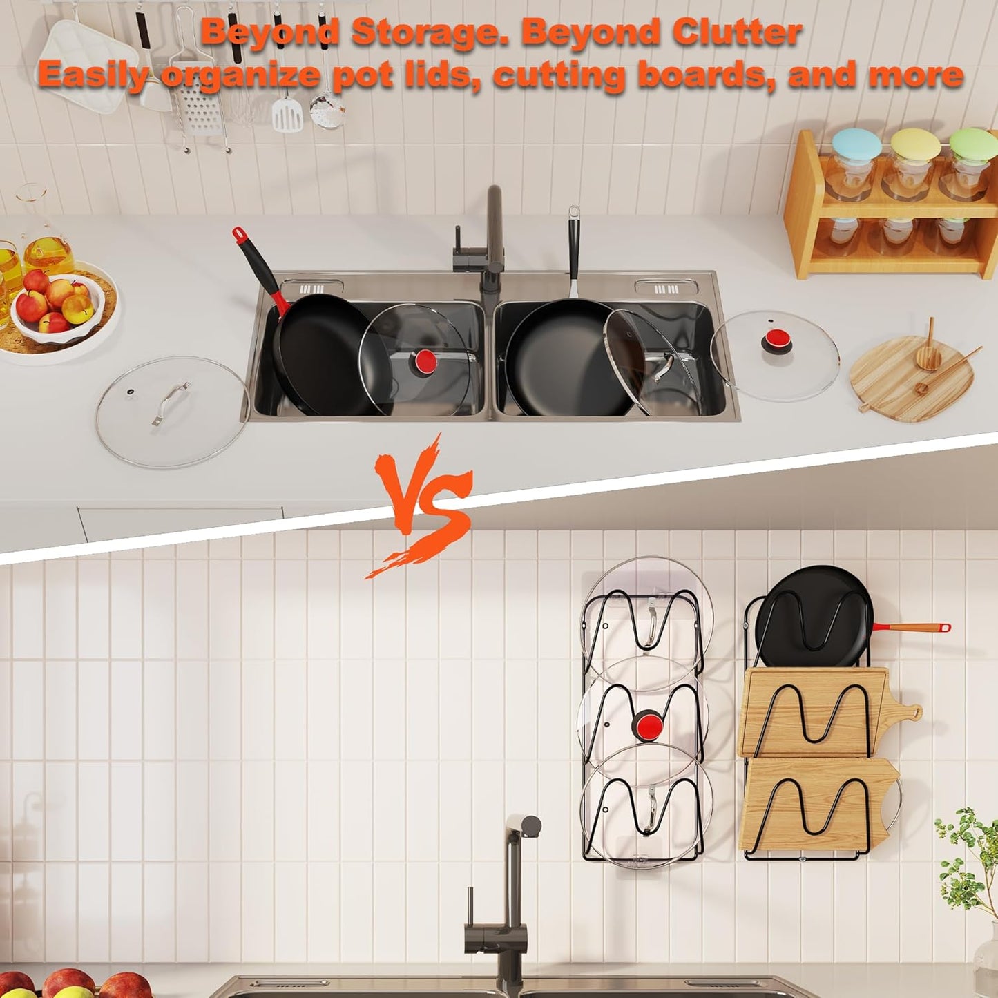 2 Pack Pot-Lid-Organizer, 6-Tier Pots and Pans Lid Organizer Under Cabinet, No Drilling, Rustproof, Lid-Organizers-Inside-Cabinet for Small-Space-Solution & Kitchen Cabinet Organization