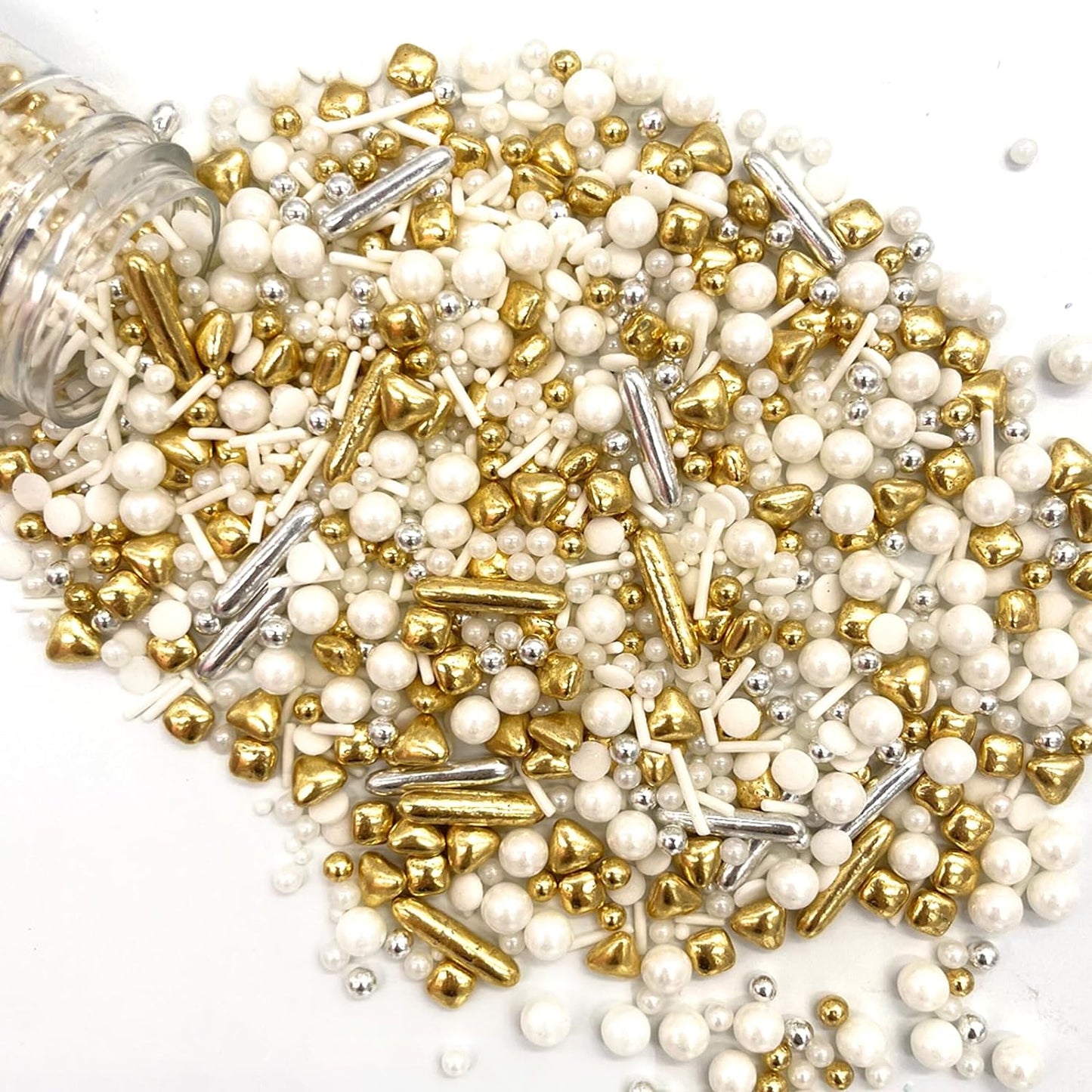 Weraru White Deluxe Gold Sprinkles Candy Mixing Size Baking Edible Cake Decorations Cupcake Toppers Cookie Decorating Celebrations Wedding Shower Party Chirstmas Supplies 130g/ 4.58oz