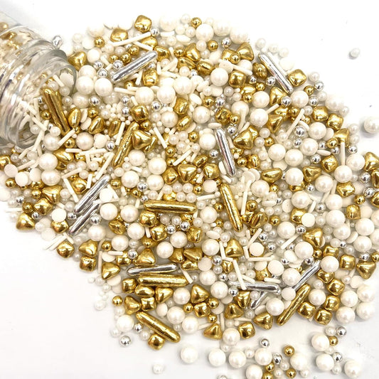 Weraru White Deluxe Gold Sprinkles Candy Mixing Size Baking Edible Cake Decorations Cupcake Toppers Cookie Decorating Celebrations Wedding Shower Party Chirstmas Supplies 130g/ 4.58oz