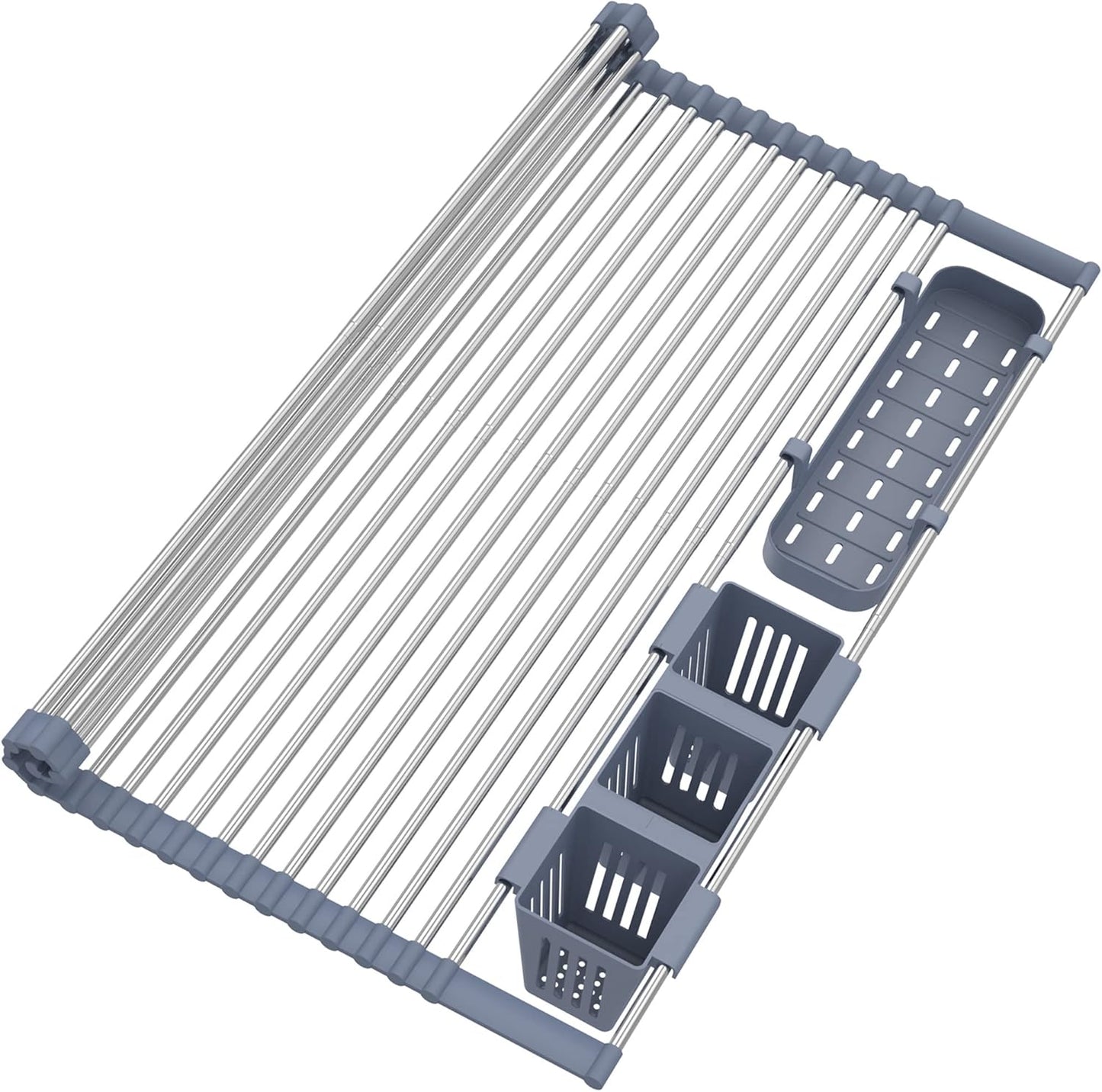 Extra Large Expandable Roll Up Dish Drying Rack Up to 22.8''with 2 Storage Baskets,Over The Sink Kitchen Rolling up Dish Drainer Dish Drying Rack in Sink, Foldable,Rollable,for Kitchen Dishes,Fruits