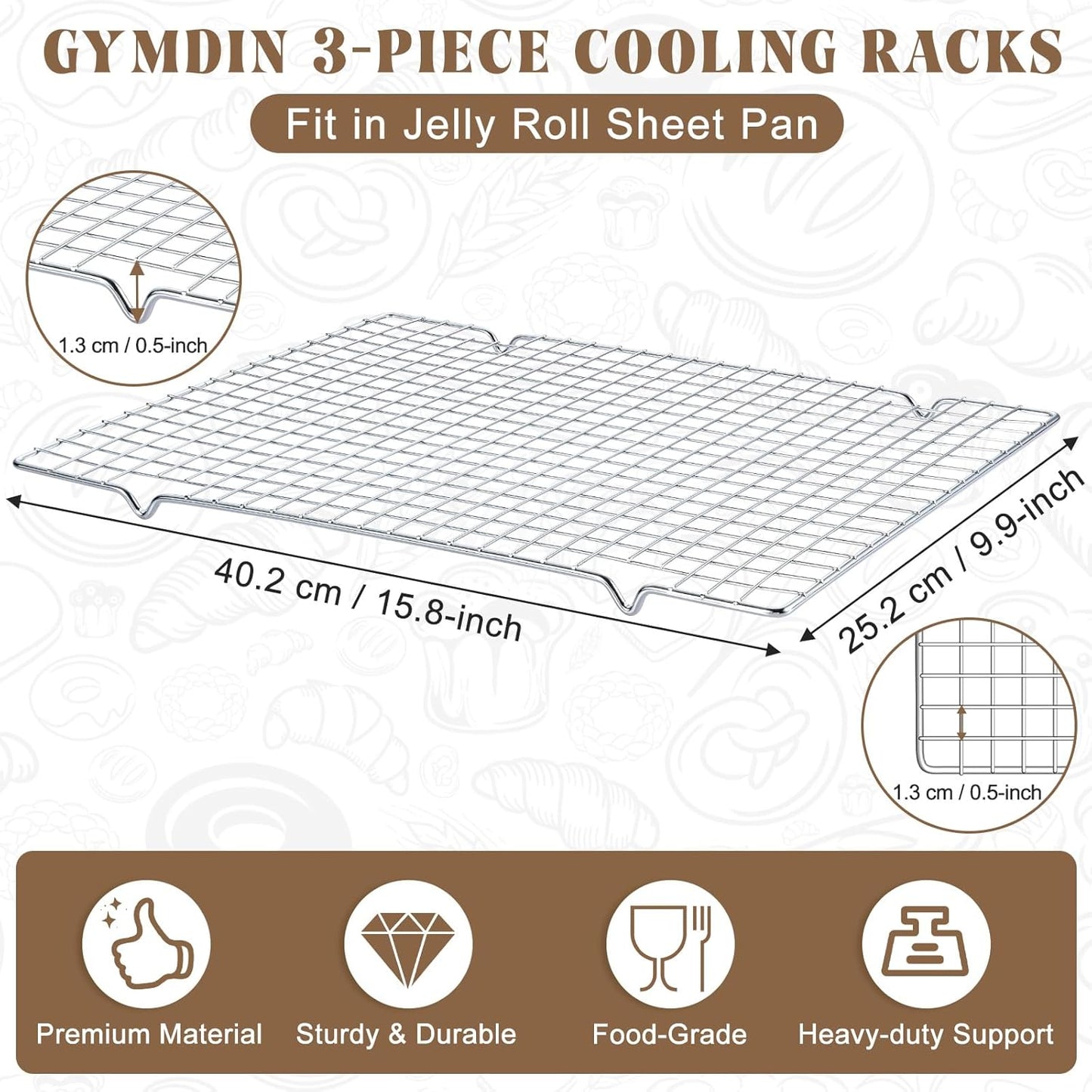 Cooling Racks for Cooking and Baking - 3PCS 16" x 10" Premium Stainless Steel Wire Cookie Cooling Rack for Baking, Roasting, and More - Oven & Dishwasher Safe - Fits Jelly Roll Pan