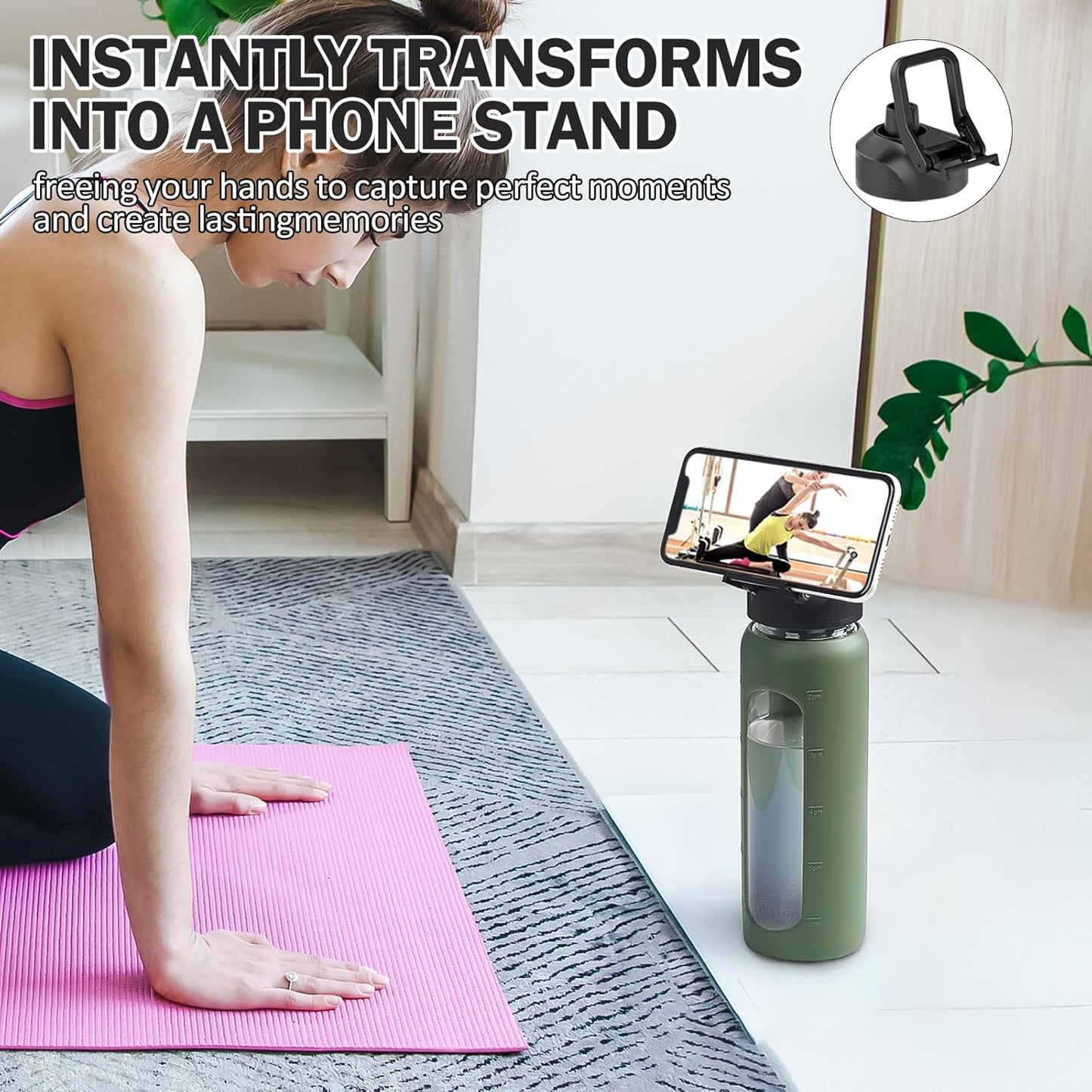 32oz Glass Water Bottle with Straw and 2 Lids- Bamboo Straw and Spout Lid with Phone Holder for Gym, Glass Drinking Bottles with Silicone Sleeve and Motivational Time Marker, Olive