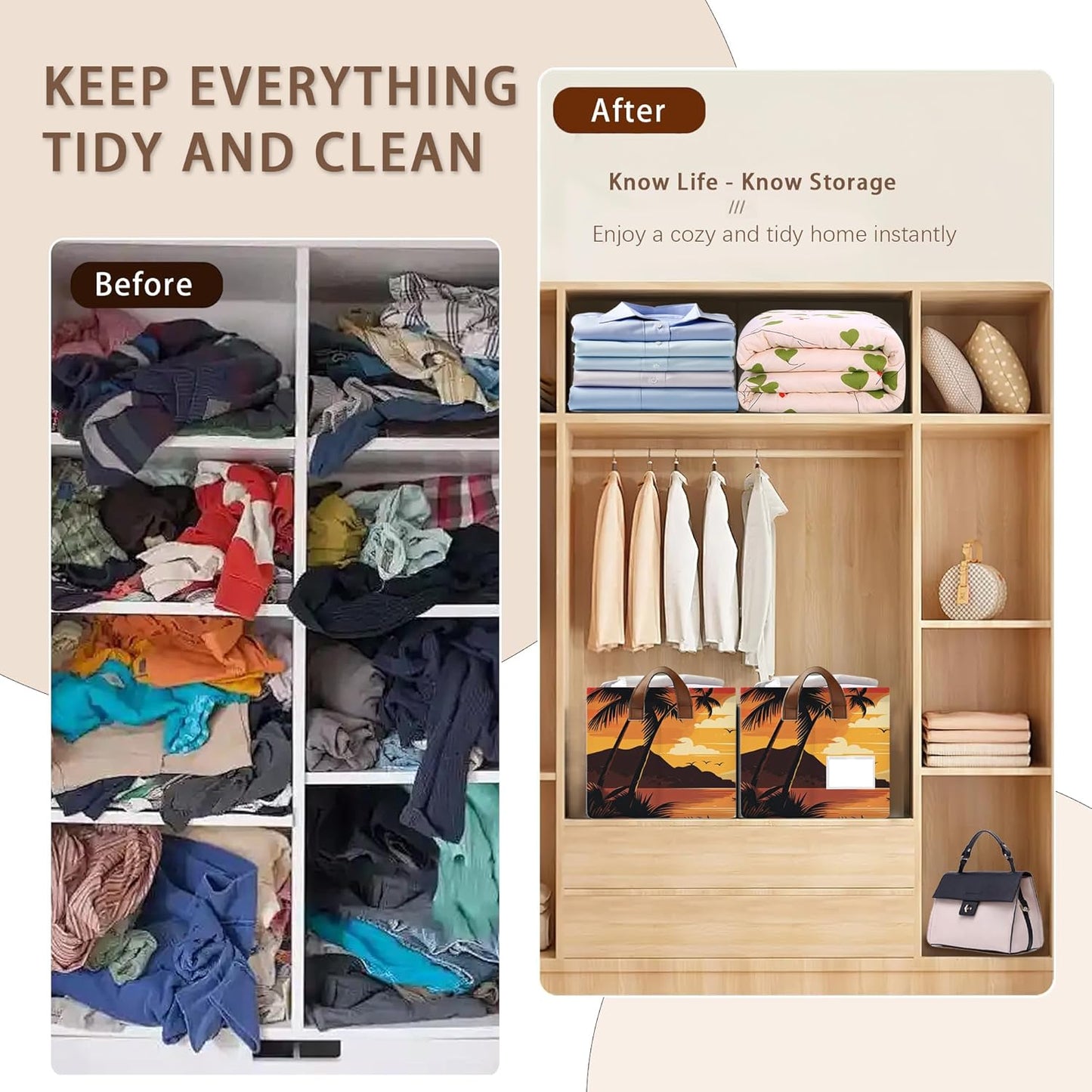 Foldable Collapsible Storage Bin with Summer Sunset Design-17x11.5x10.5 Inch Organizer Basket for Beach Decor, Home Storage-Single Pack, No Lid Space-Saving Box