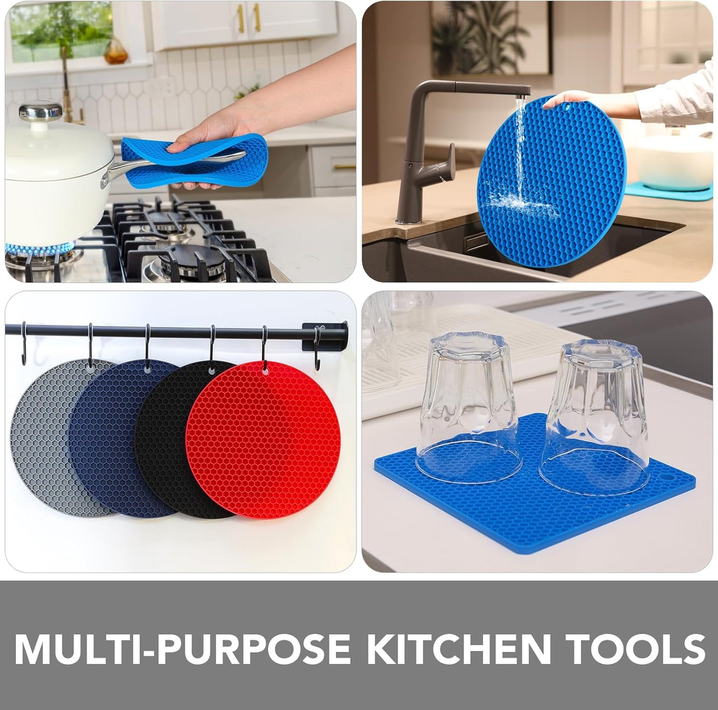 Joyhalo Trivets for Hot Dishes - Hot Pads for Kitchen, Silicone Pot Holders for Hot Pots and Pans, Silicone Mats for Kitchen Countertops, Table, Flexible Easy to Wash and Dry, True Blue