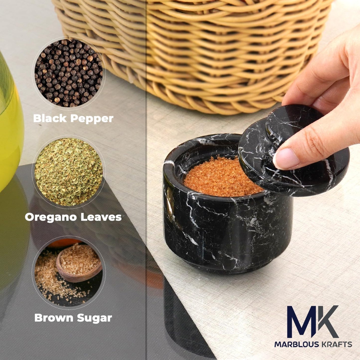 Marble Salt Cellar with Lid 3" Black Zebra Stone Salt, Sugar, Seasoning Containers for Kitchen Countertop, Modern Salt Dish, Spice Jar