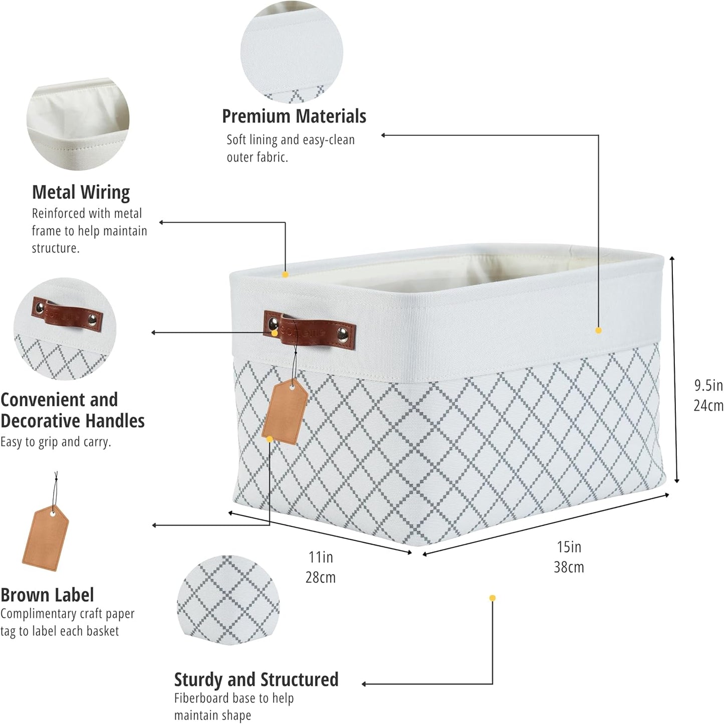 DECOMOMO White Storage Bins Fabric Storage Baskets for Shelves, Linen Closet Organization Toys Nursery (White Check, Large - 3 Pack)