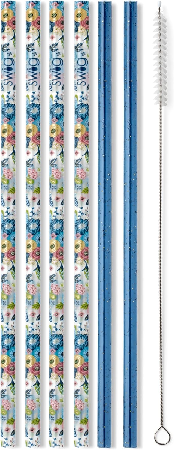 Swig Life Reusable Straws Bella Rosa + Navy Glitter Tall Straw Set & Cleaning Brush, Each Straw is 10.25 inch Long (Fits Swig Life 20oz Tumblers, 22oz, and 32oz Tumblers)