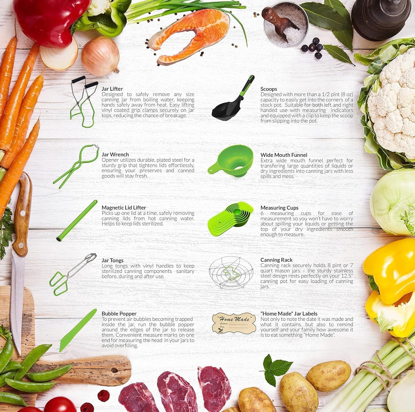 Supa Ant Canning Supplies Starter Kit- 10 pc Canner Accessories with Canning Rack for Jars, XL Ladle, Wide Mouth Jar Funnel, Jar Lifter and Wrench, Bubble Popper/Measurer, Lid Lifter, Kitchen Tongs