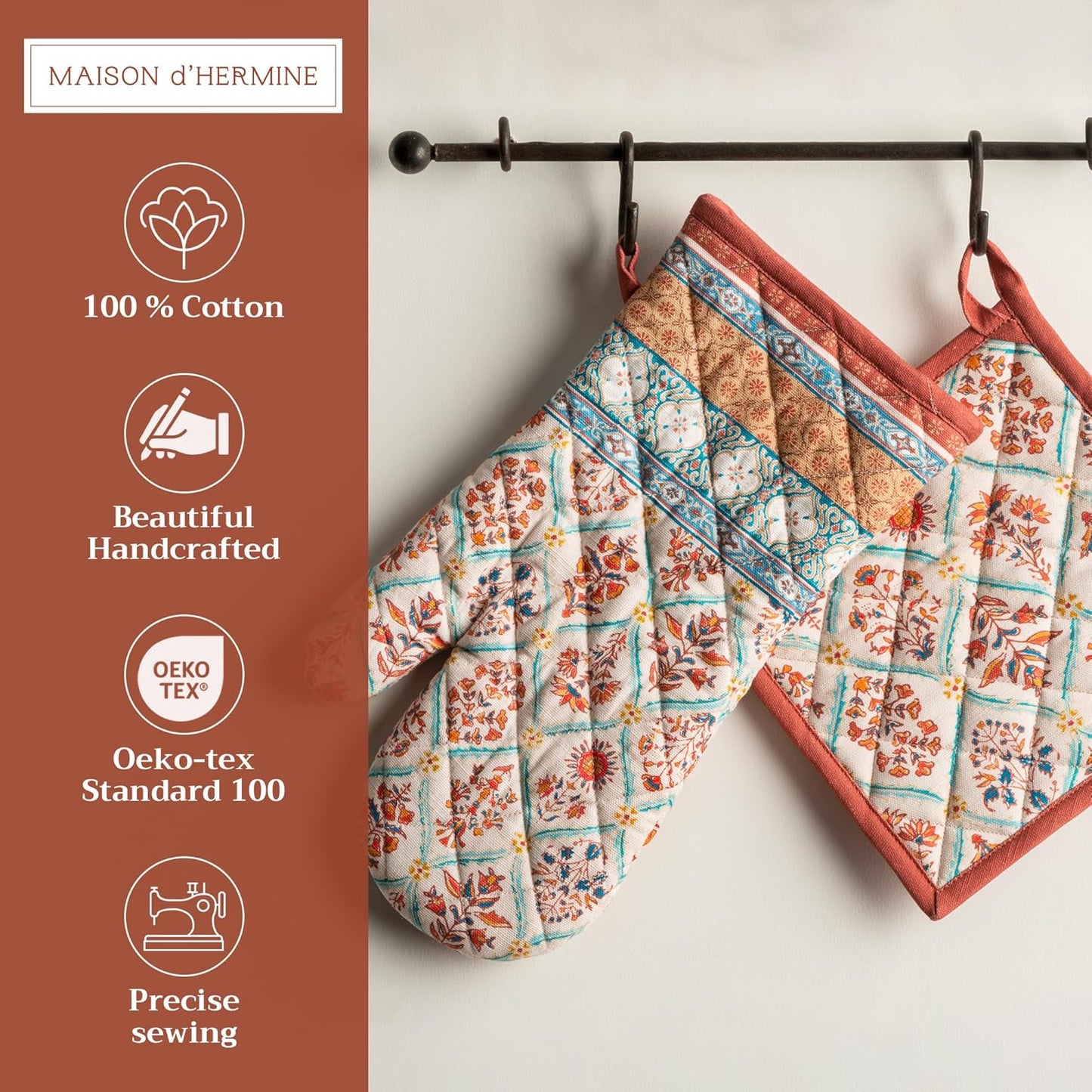 Maison d' Hermine 100% Cotton Oven Mitt & Pot Holder Set (7.5"x13" & 8"x8") Heat Resistant BBQ Cooking Gloves with Loop, Baking, Grilling, Kitchen, Handling Hot Pans (Romane)