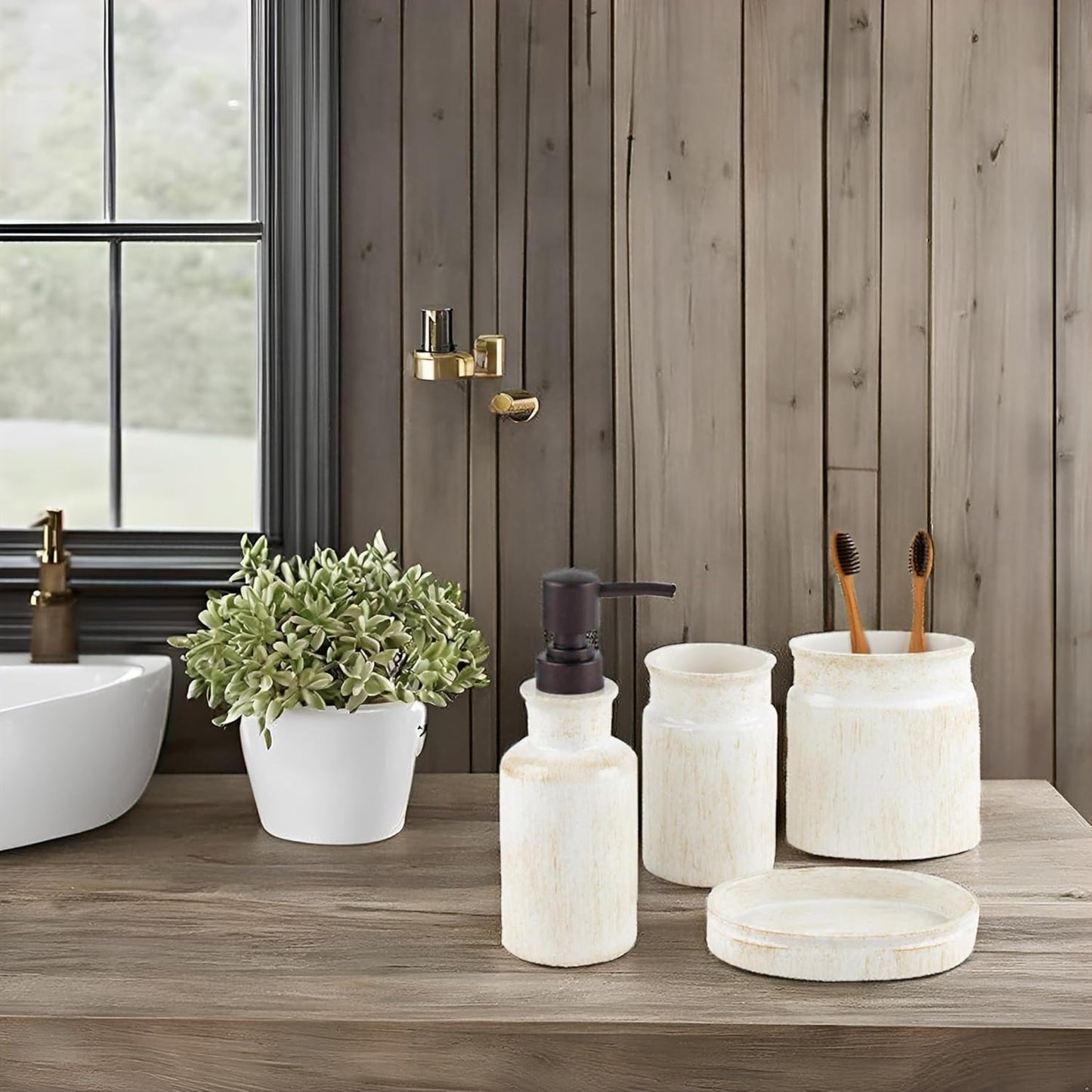 Creative Scents Rustic Luxe Bathroom Accessory Set Complete - 4 Piece Beige Bathroom Soap Dispenser Set has: Lotion Dispenser, Toothbrush Holder, Tumbler & Soap Dish; Modern Farmhouse Bathroom Decor