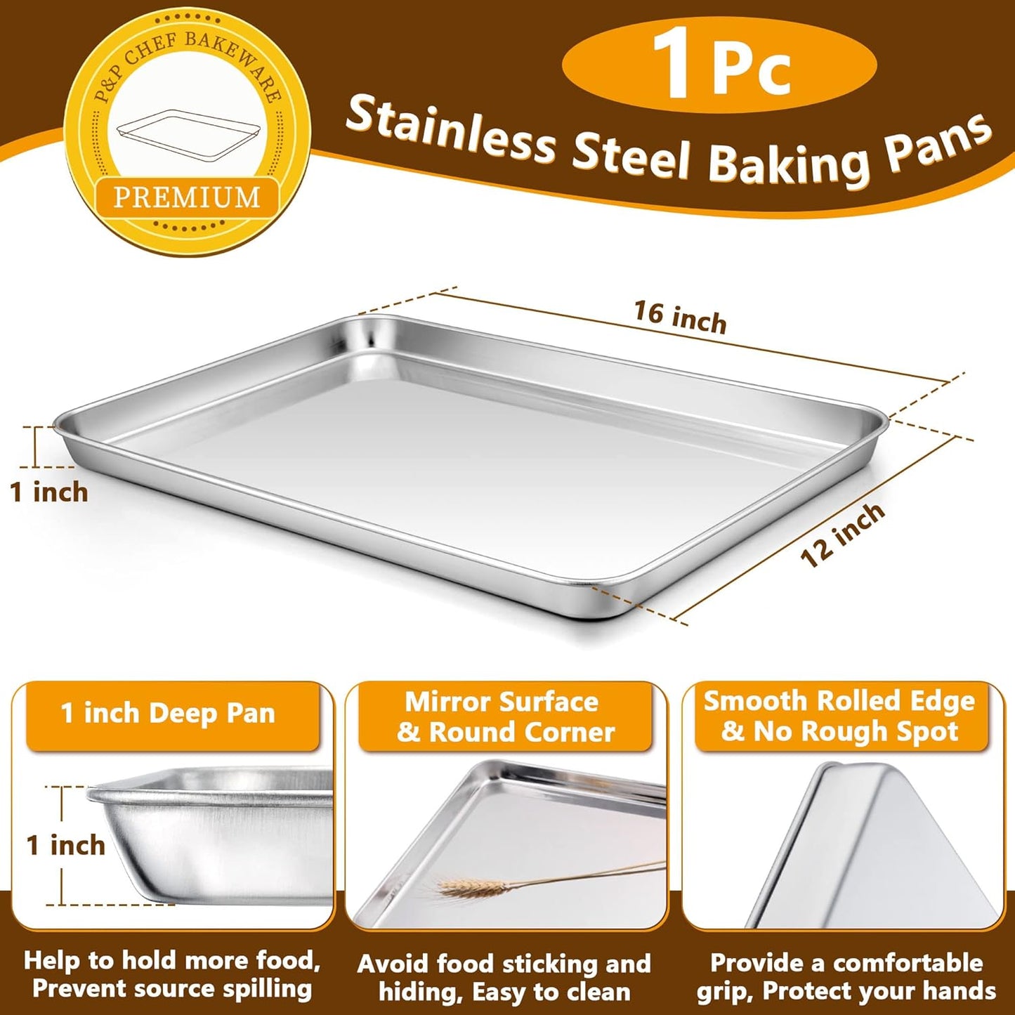 P&P CHEF 16 Inch Baking Sheet Pan with Rack Set, Stainless Steel Cookie Sheet Pan Tray with Cooling Rack for Oven Use, Cooking Roasting, Non Toxic & Dishwasher Safe, Heavy Duty