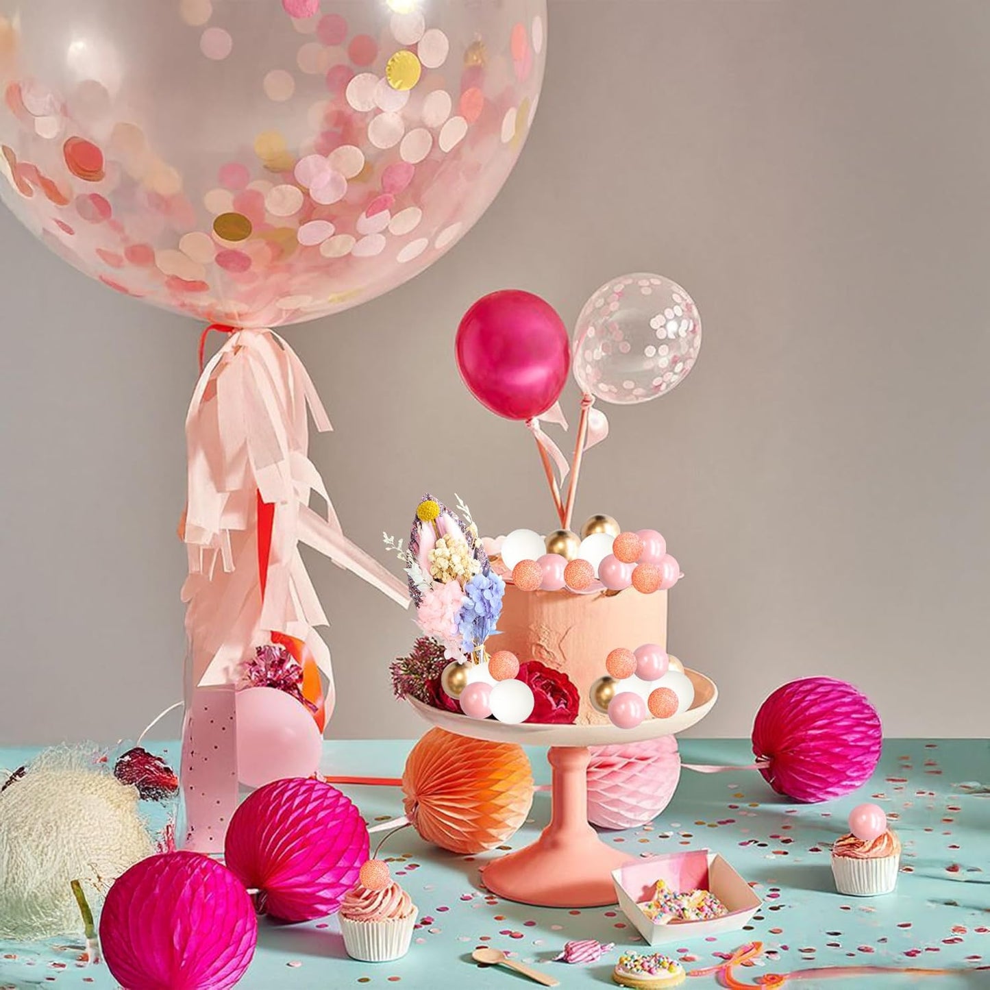 Gyufise 21 Pack Flower Boho Cake Topper Ball Cake Decorations Palm Leaves Plants Cake Decor for Girl Bohemian Princess Theme Wedding Baby Shower Birthday Party Supplies Pink