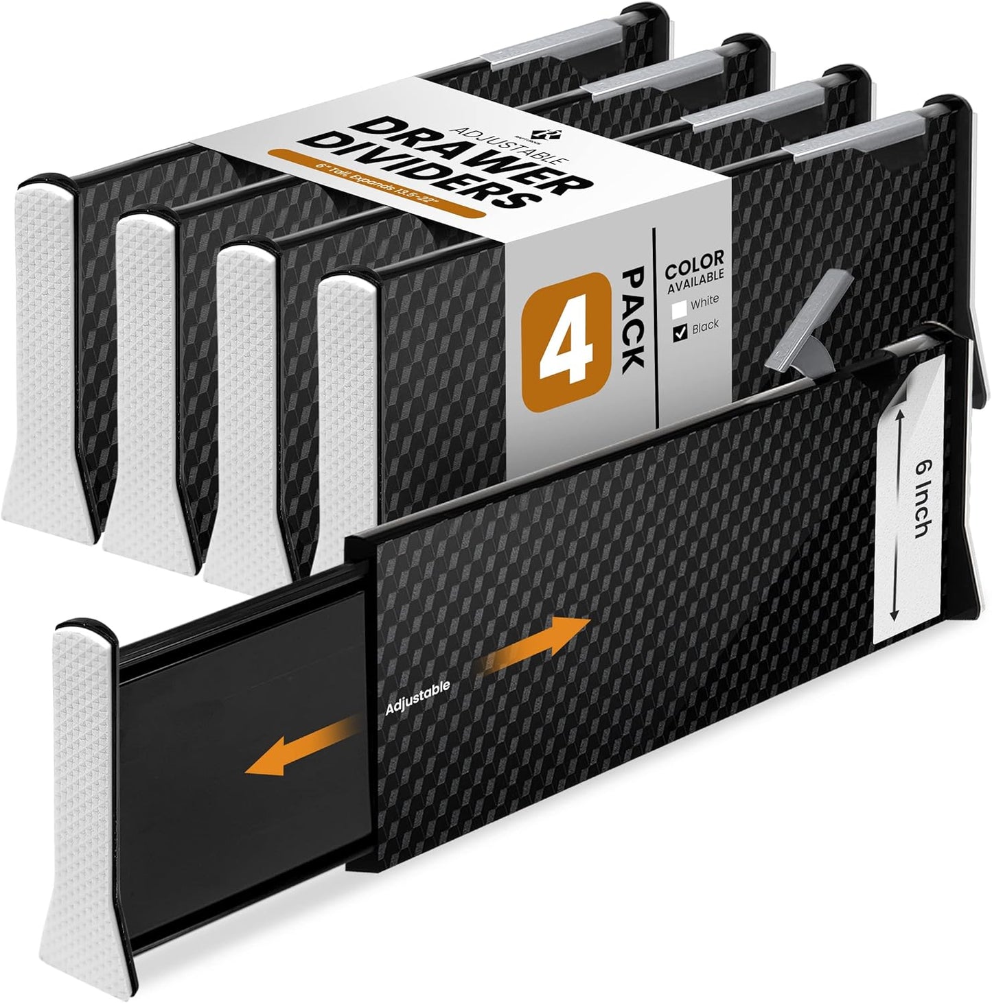 RAPTUROUS Adjustable Drawer Dividers, 6" Tall, Expandable 13-22", 4-Pack, Non-Slip for Deep Drawers in Kitchen, Bedroom, Office, and Nursery (Black)