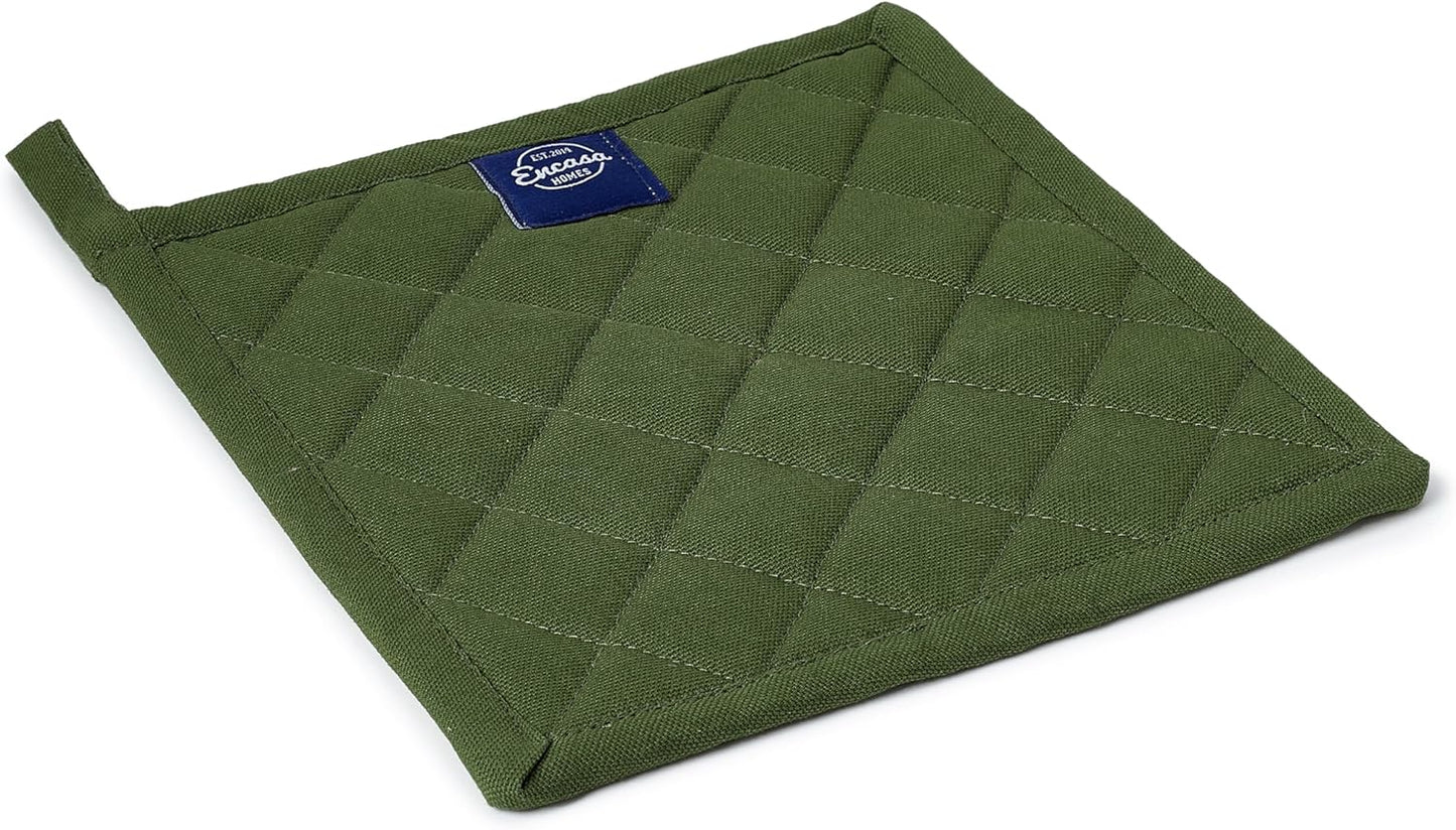 Encasa XO Heat Resistant Cotton Pot Holders with Hanging Loop - Set of 2 - Leaf Green - Multipurpose Quilted Everyday Hot Pad for Kitchen, Camping, BBQ & Microwave - 8x8 in