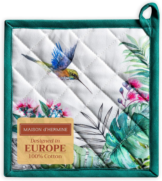 Maison d' Hermine Pot Holders 100% Cotton Heat Resistant Potholders 8" x 8" Hot Pads with Loop BBQ, Cooking, Baking, Grilling, Kitchen, Handling Hot Pans Spring/Summer (Pack of 1, Tropiques)