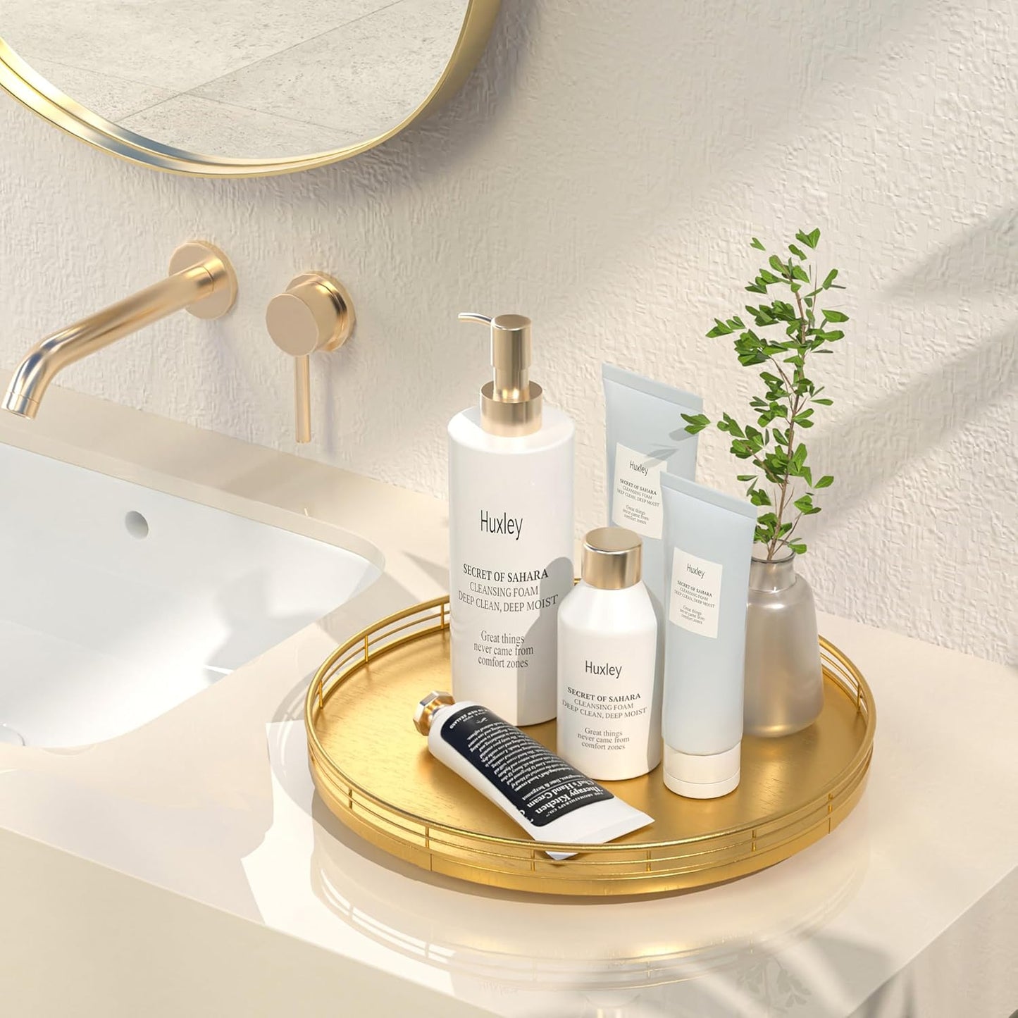 12" Gold Lazy Susan for Table Top, Oak Wood Lazy Susan Turntable Organizer for Dining Coffee Table Centerpiece Bar Decor Kitchen Countertop Bathroom Vanity Decorative Tray for Perfume Jewelry Round