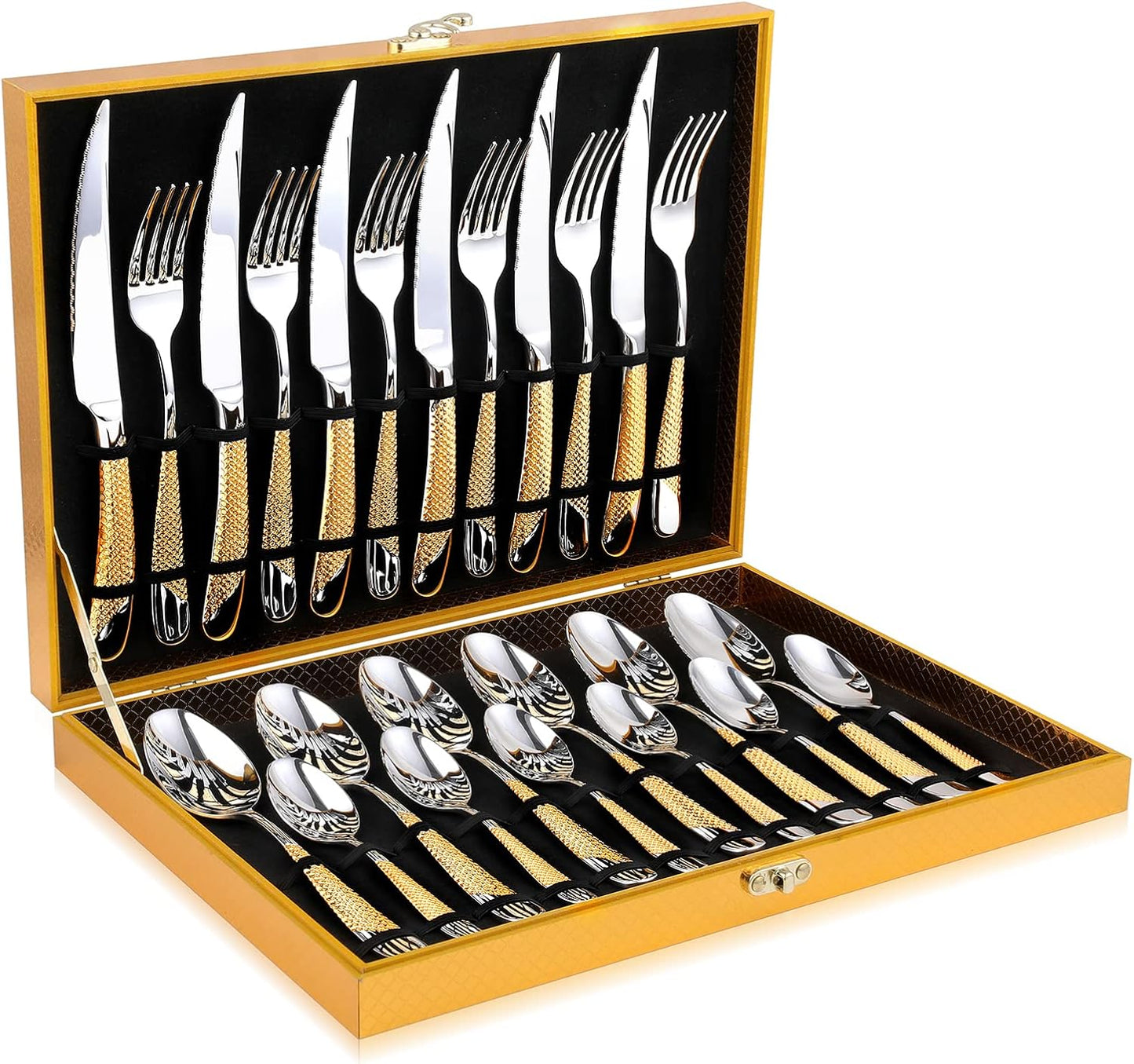 Hammered Silver Gold Silverware Set, OGORI 24-Piece 18/10 Stainless Steel Flatware Set, Service of 6